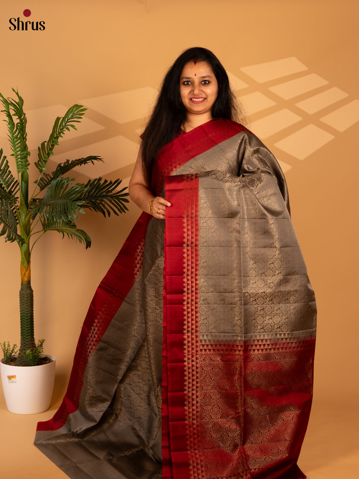 Grey & Maroon - Soft Silk Saree