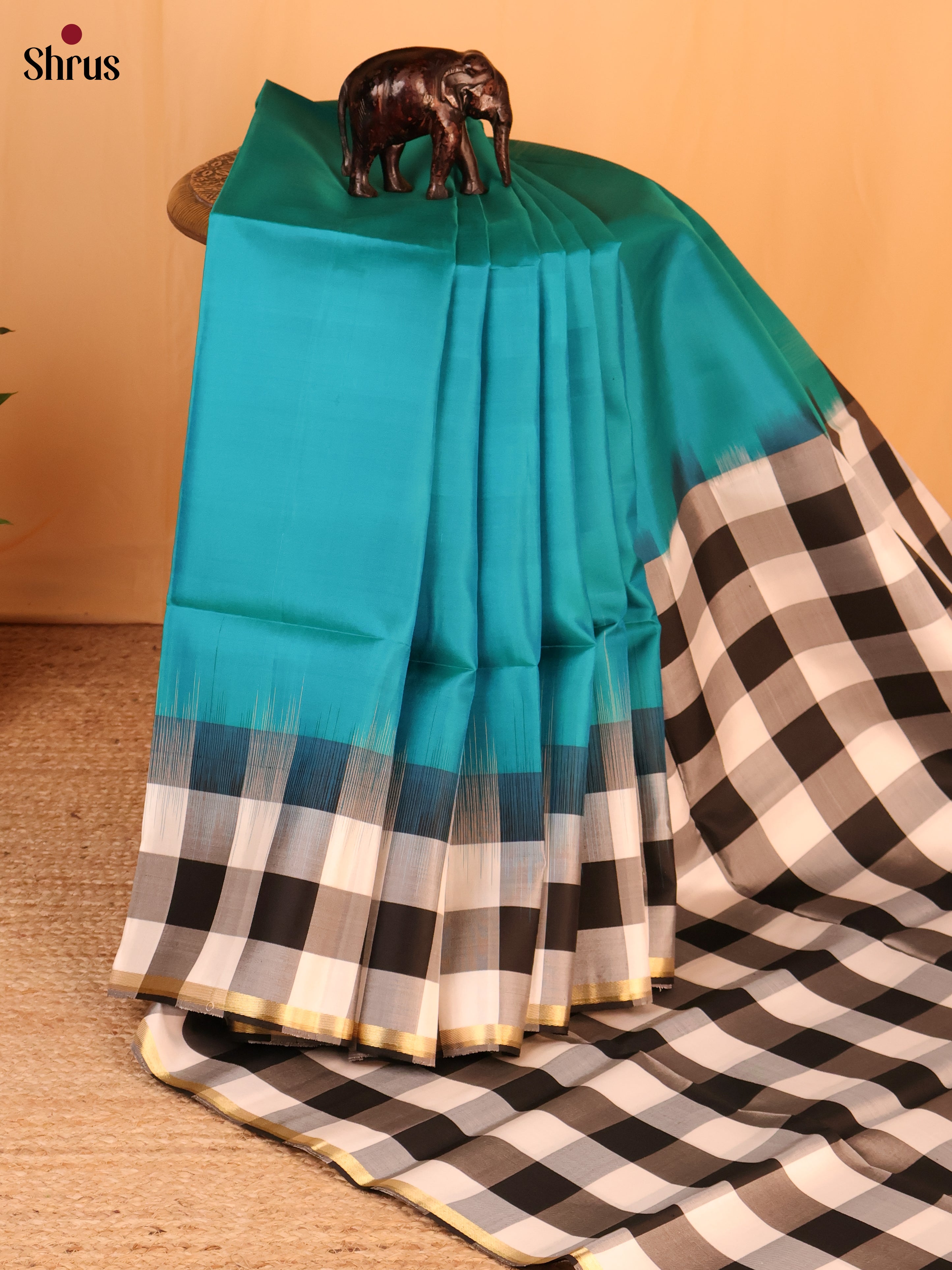 Peacock Blue & Black - Soft Silk Saree