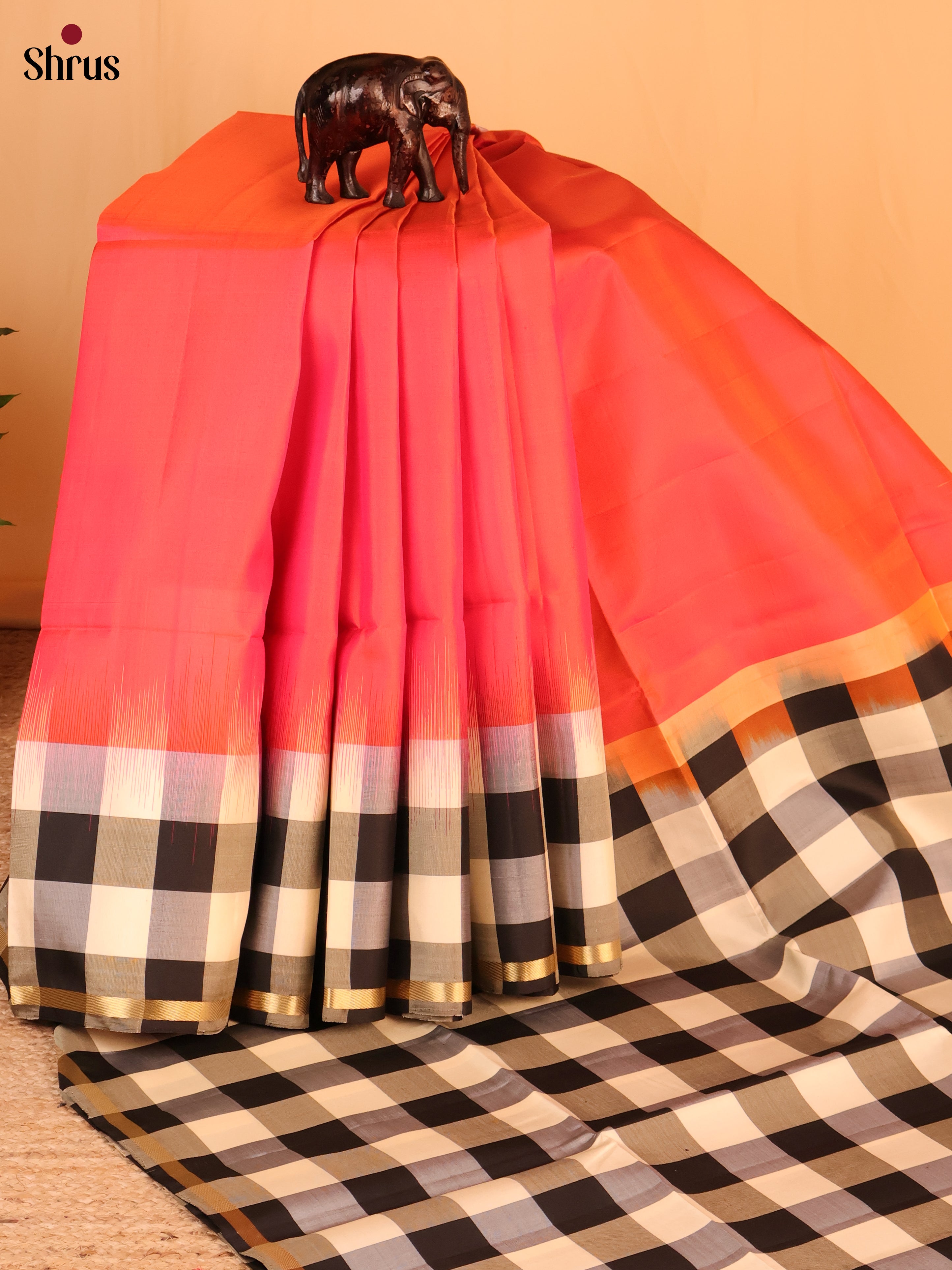 Orangish Pink & Black - Soft Silk Saree