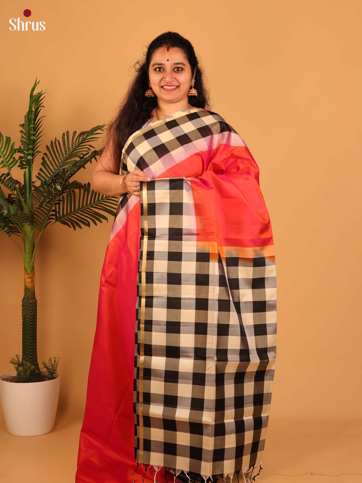 Orangish Pink & Black - Soft Silk Saree