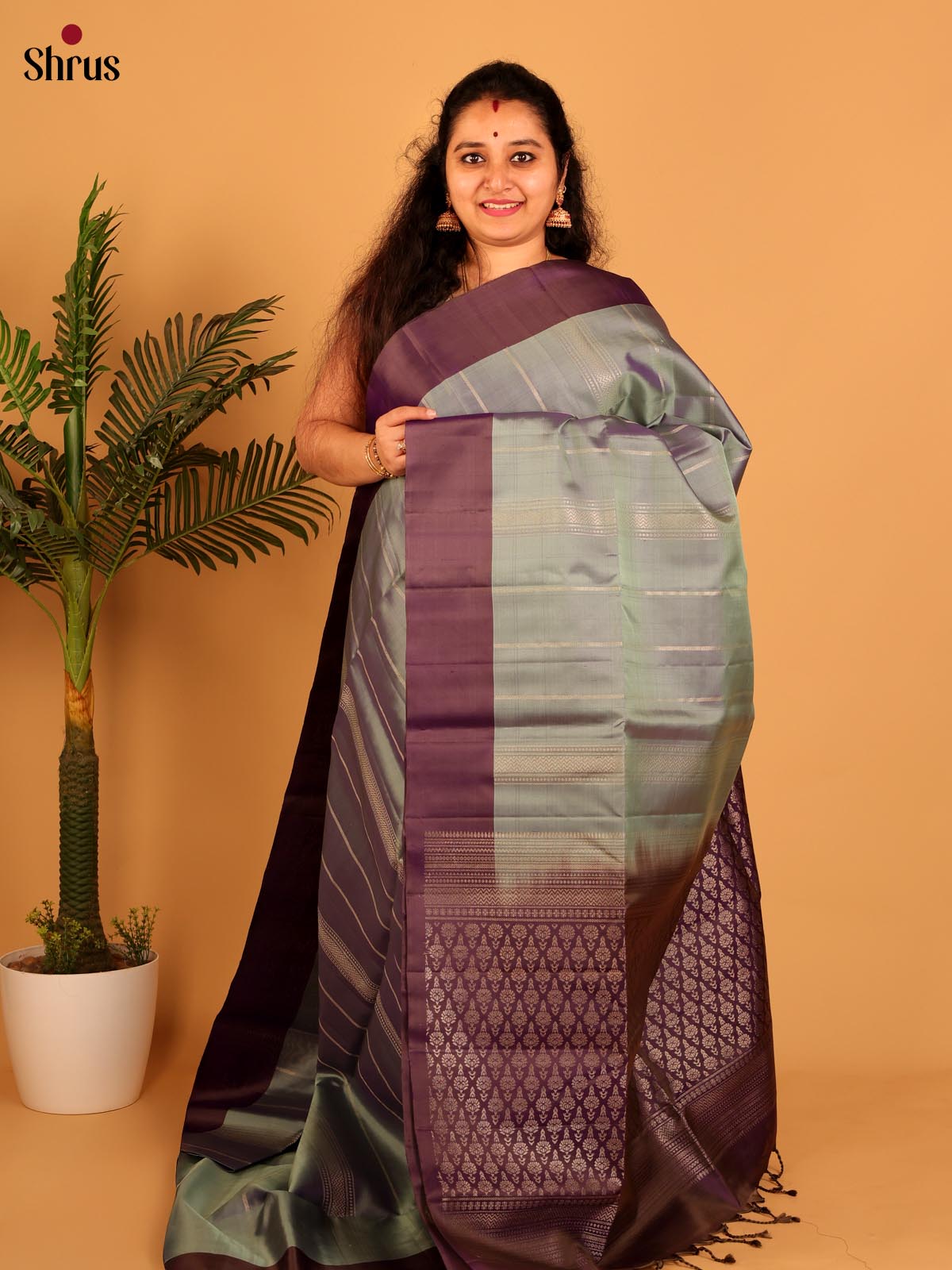 Grey & Purple - Soft Silk Saree