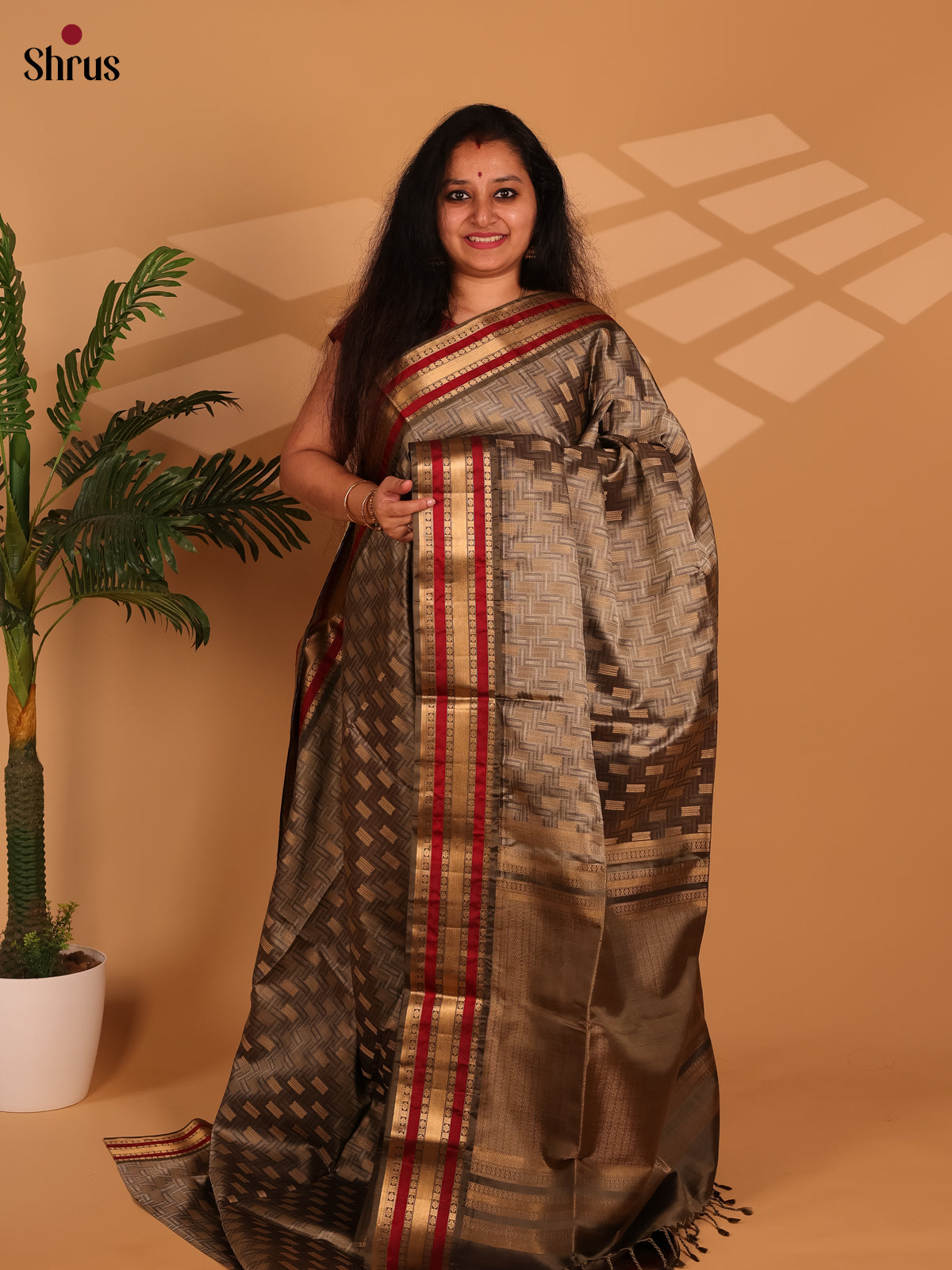 Grey & Red - Soft Silk Saree