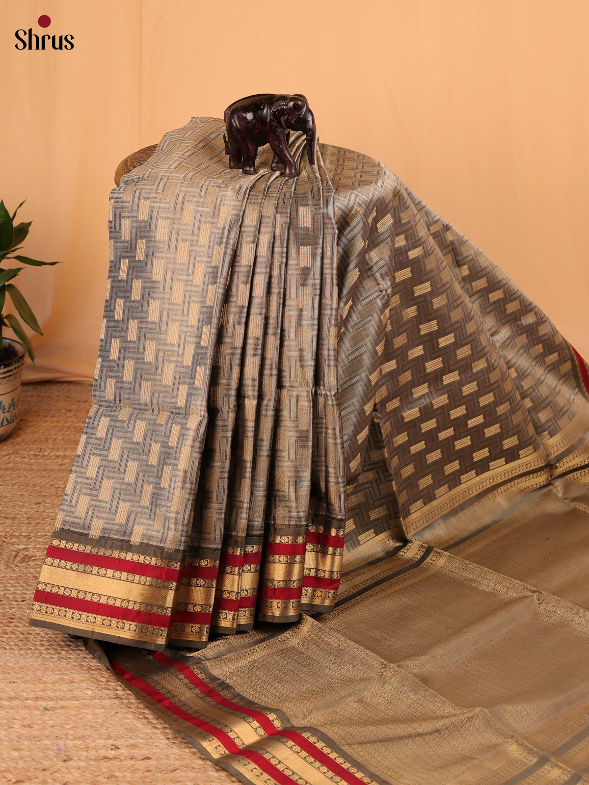 Grey & Red - Soft Silk Saree