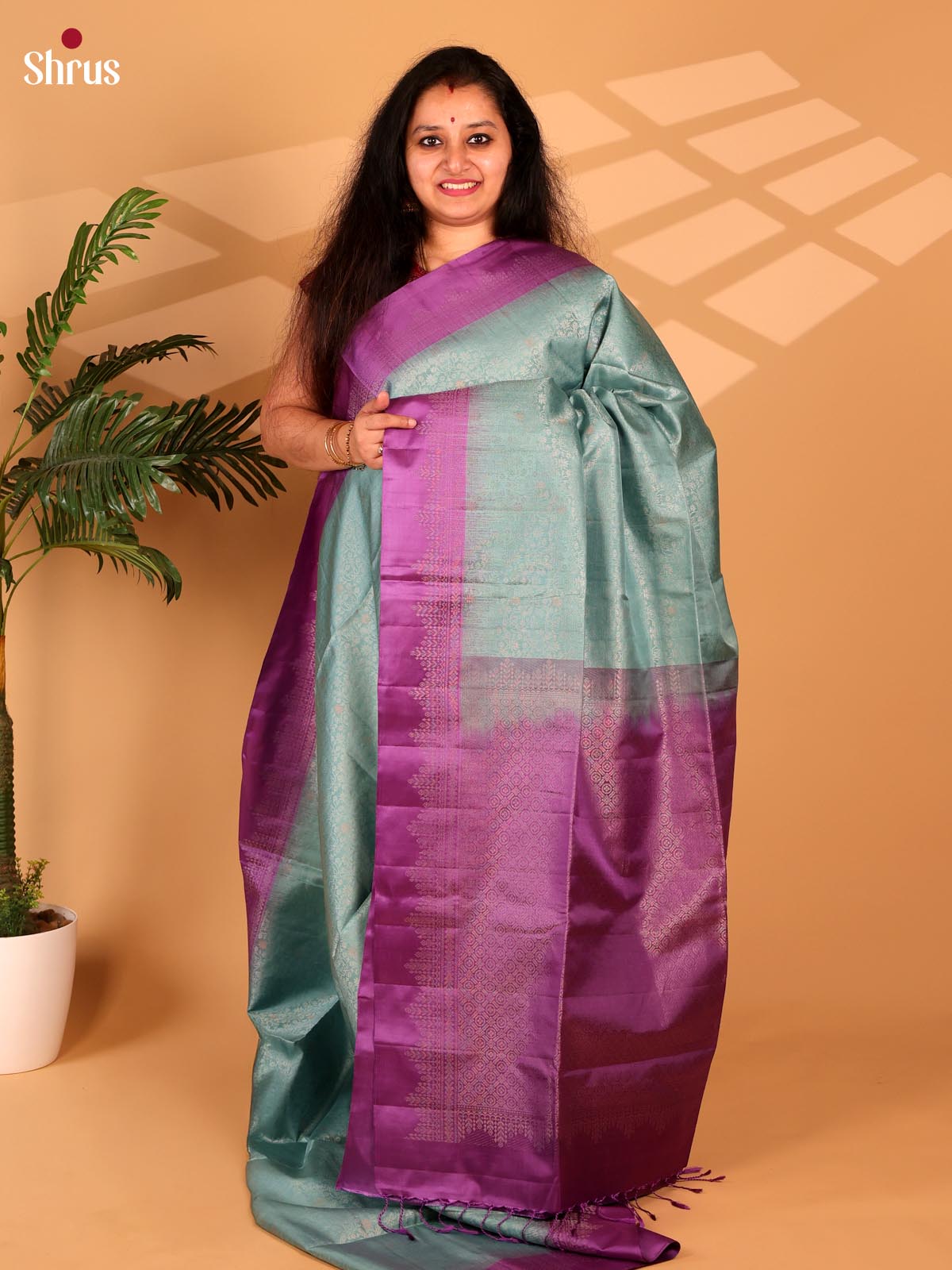 Algae Green & Purple - Soft Silk Saree