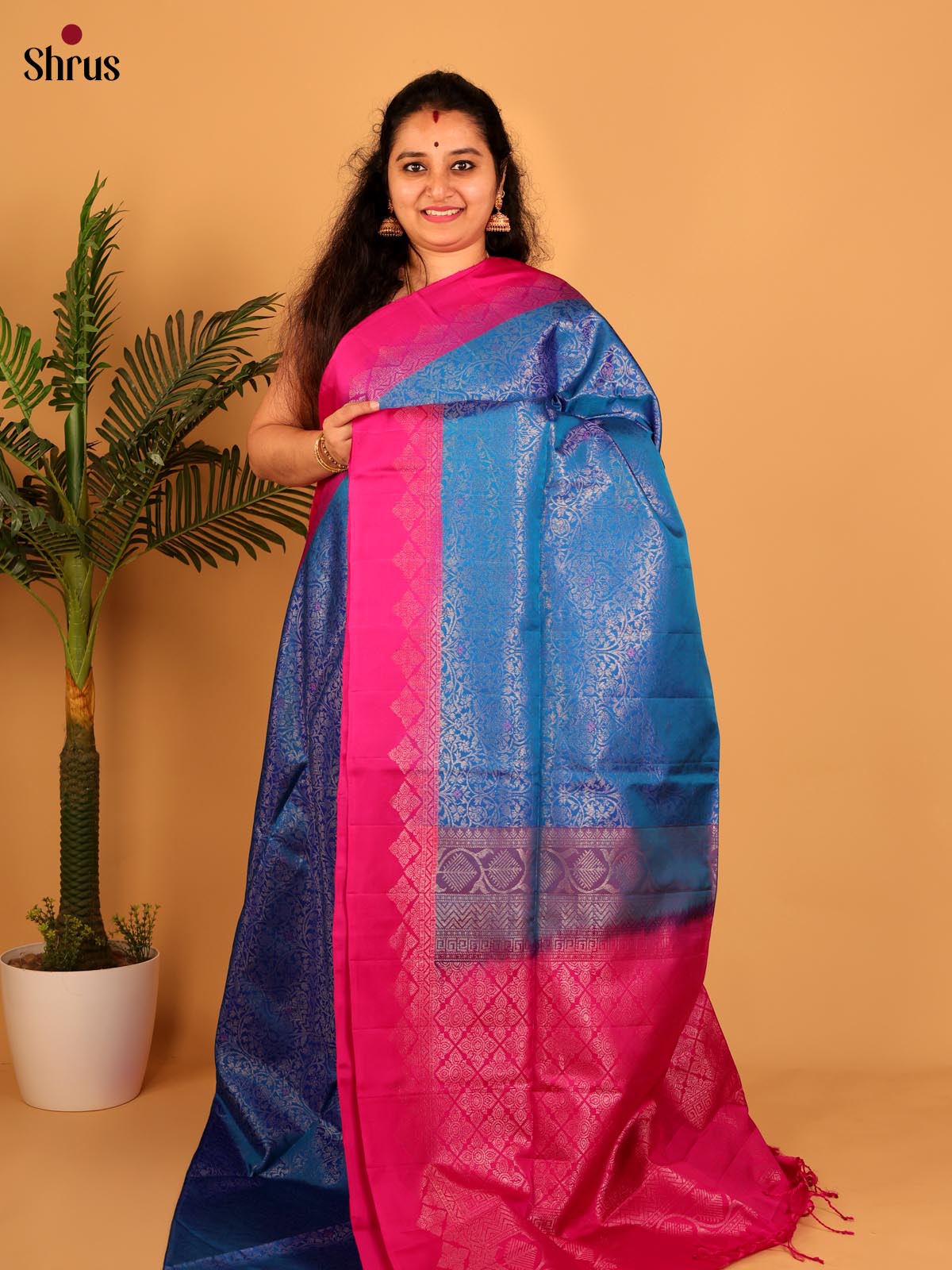 Blue & Pink - Soft Silk Saree