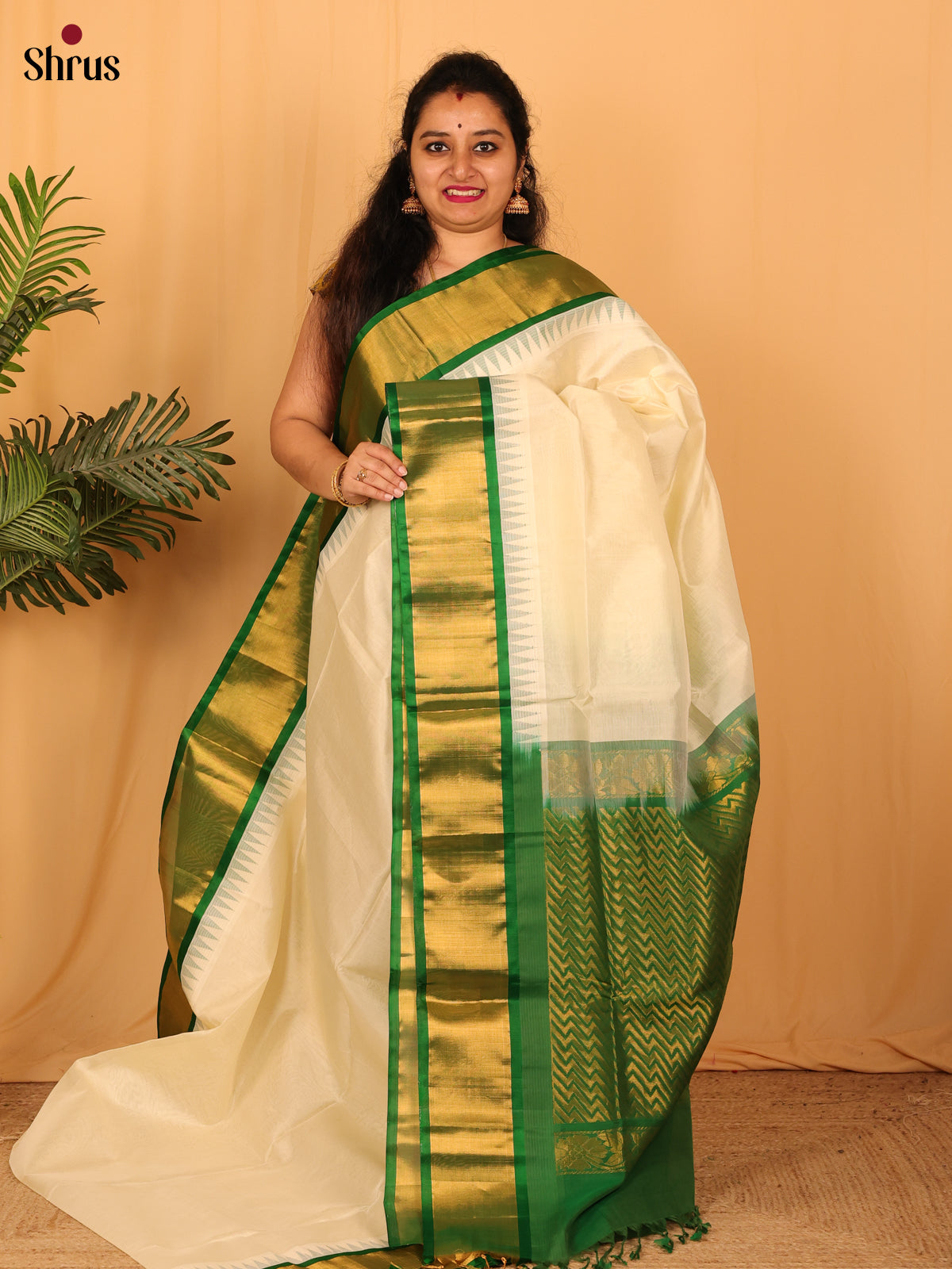 Cream & Green - Silk Cotton Saree - Shop on Shrus.com