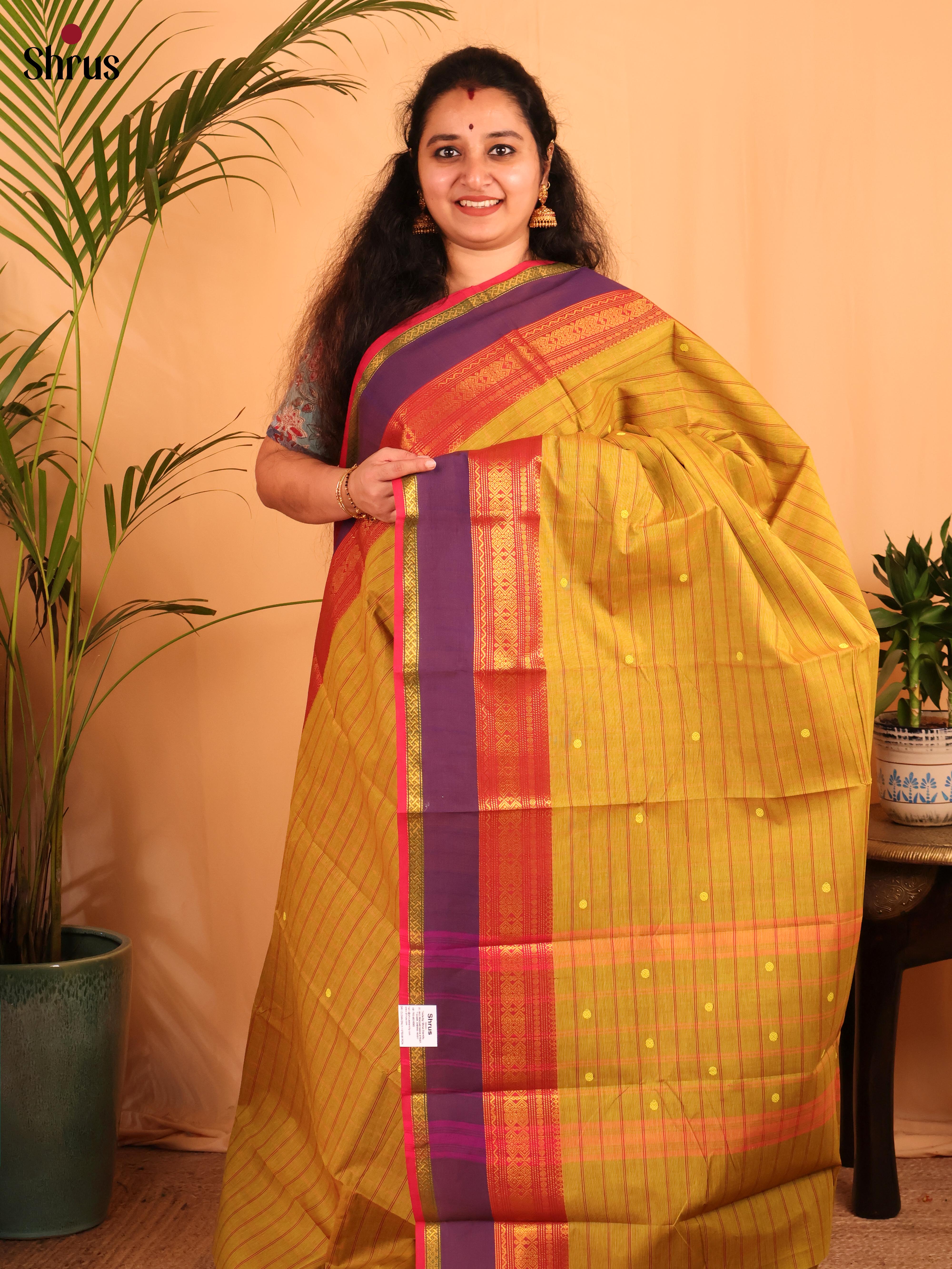 Mustardy Green & Pink - Chettinad Cotton Saree