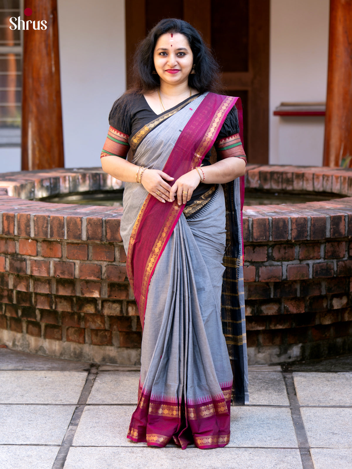 Grey & Maroon - Chettinad Cotton Saree