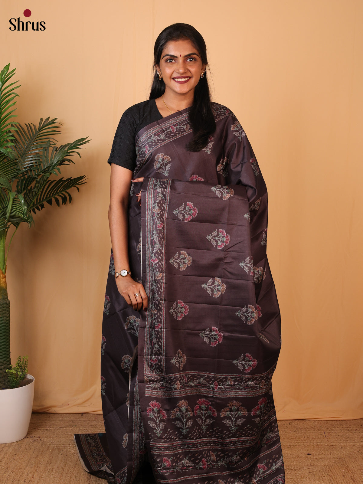 Brown - Printed Tussar Saree