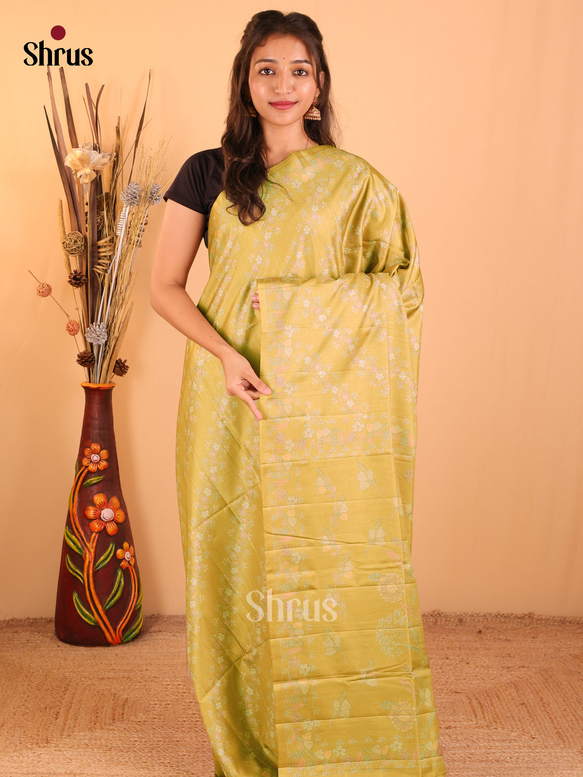 Lime Yellow - Printed Tussar saree - CKS25054 - Shop on Shrus.com