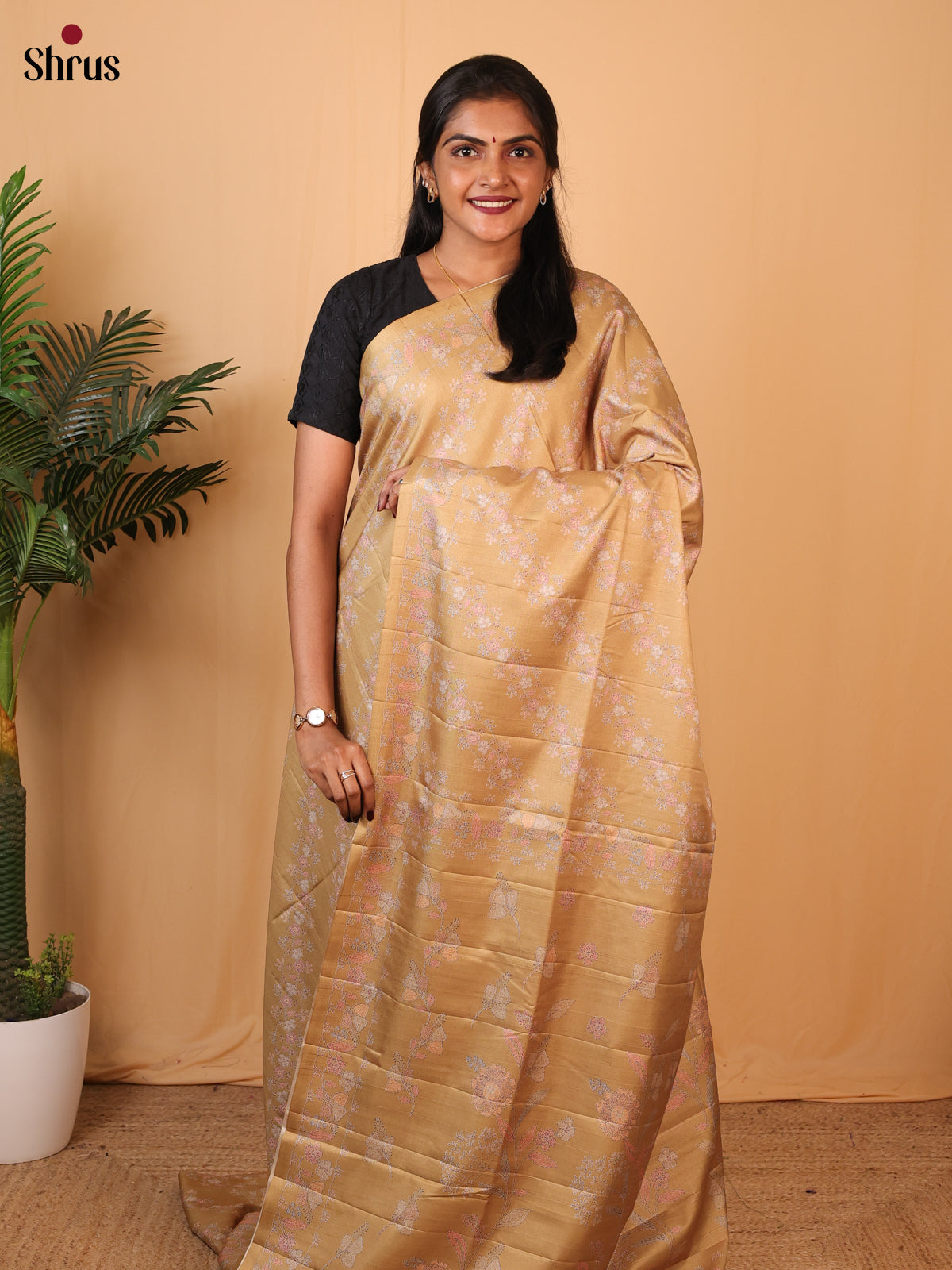 Mustard - Printed Tussar Saree