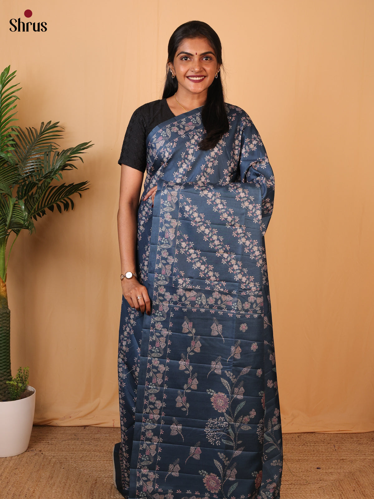 Blue - Printed Tussar Saree