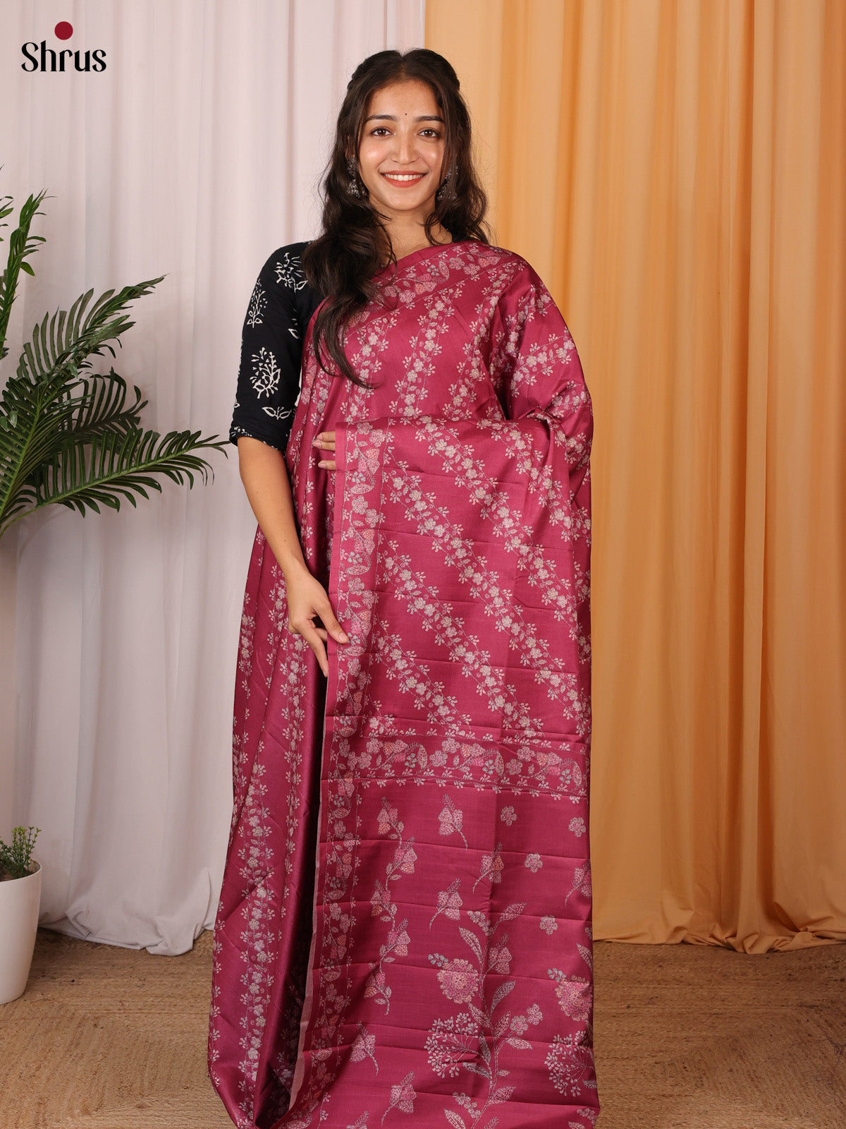 Maroon - Printed Tussar Saree