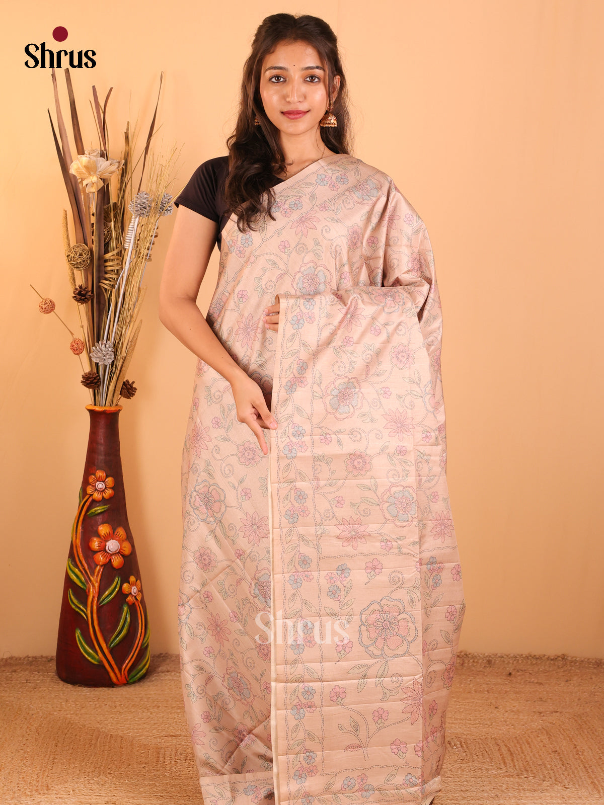 Cream - Printed Tussar saree - CKS25060 - Shop on Shrus.com
