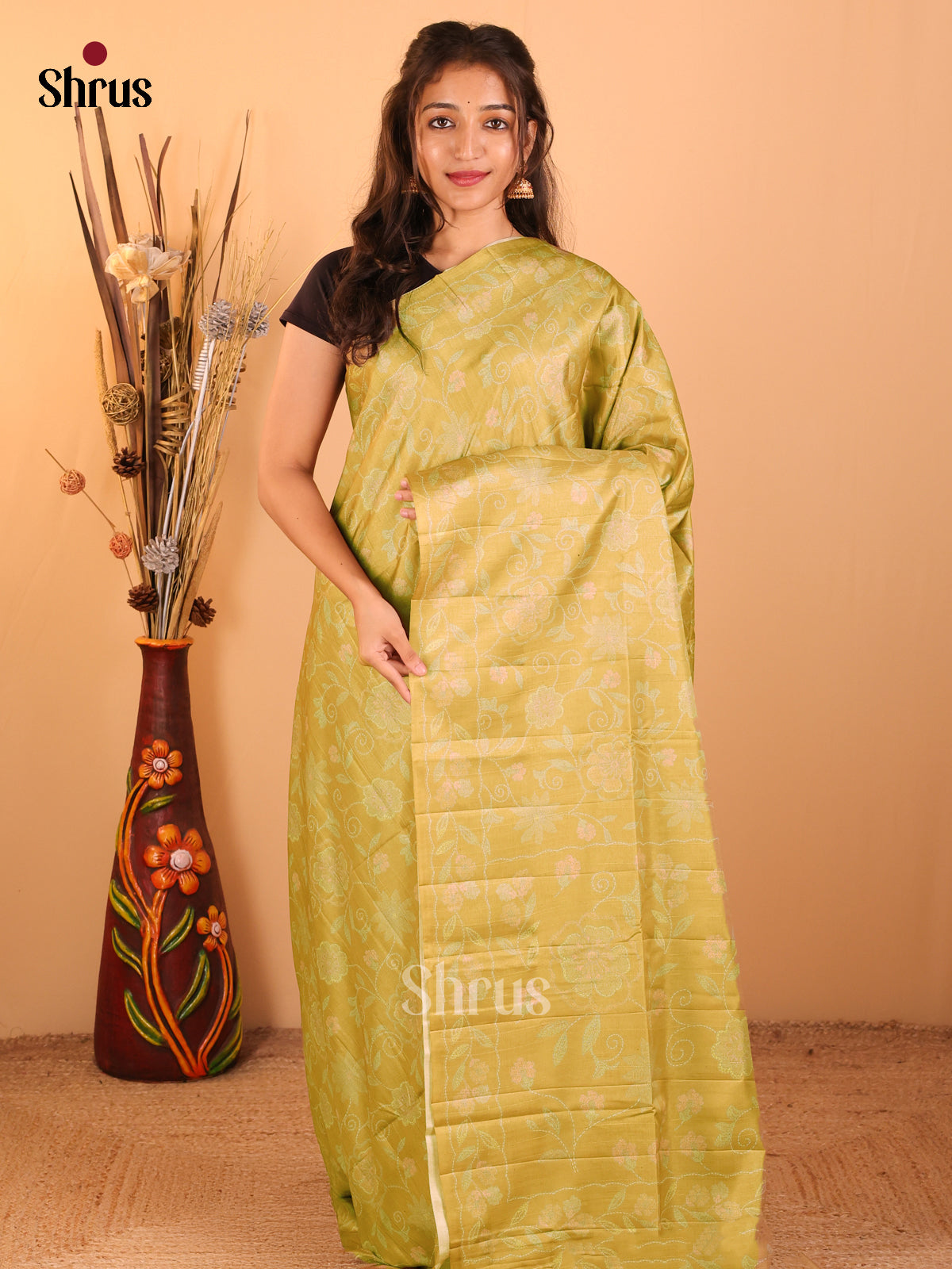 Lime Yellow - Printed Tussar saree - CKS25062 - Shop on Shrus.com