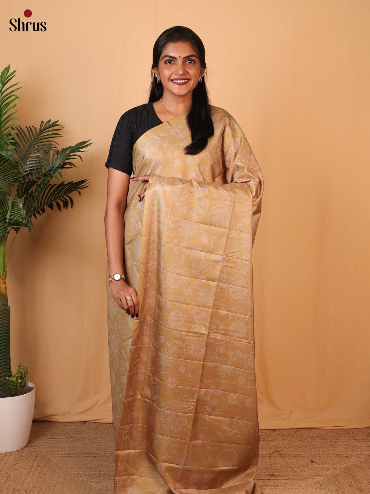 Mustard - Printed Tussar Saree