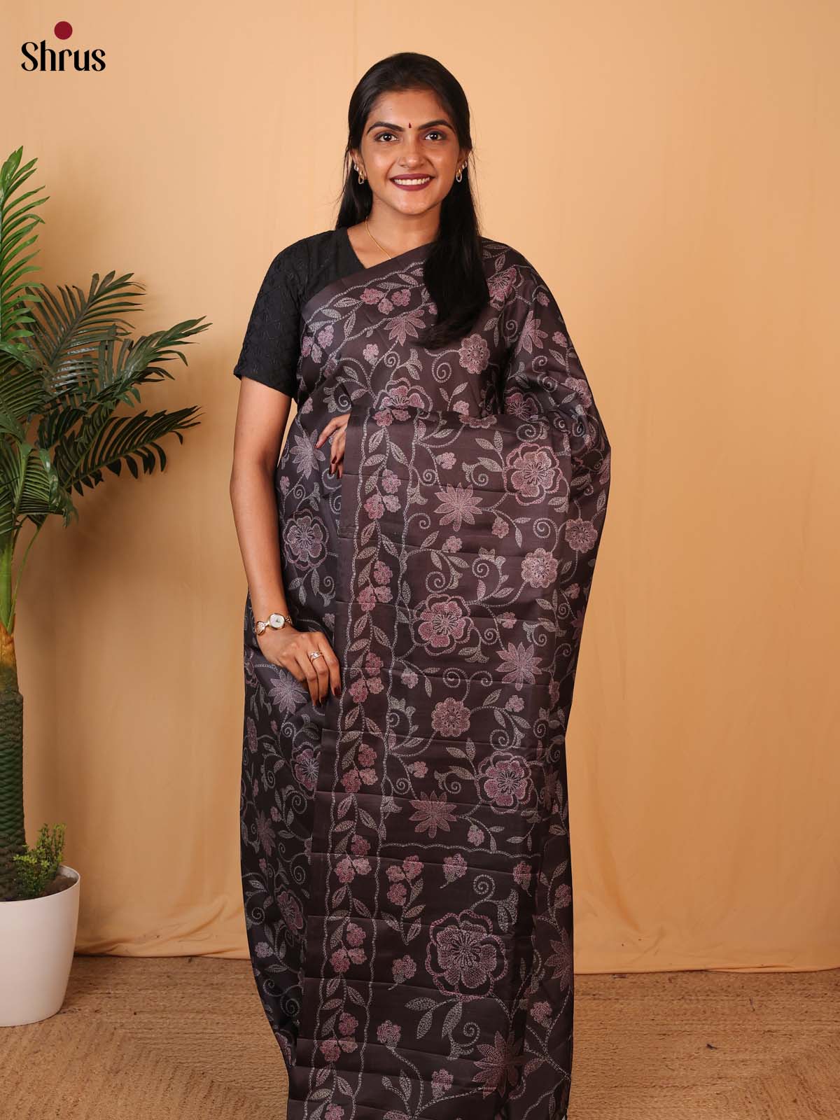 Brown- Printed Tussar Saree