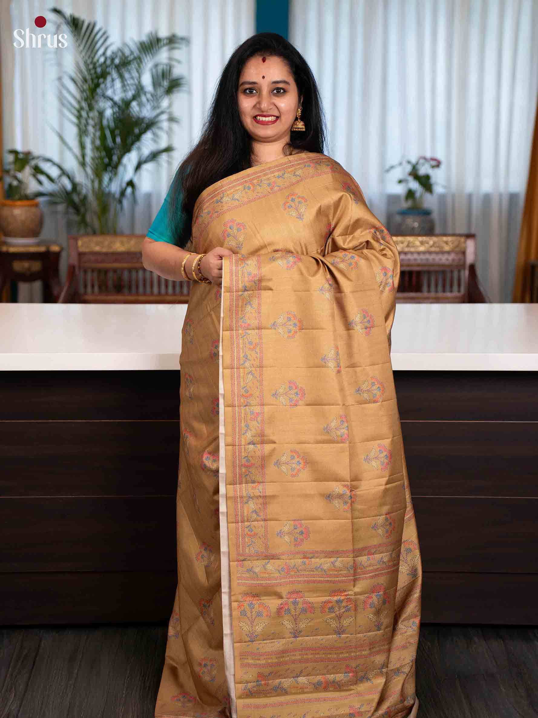 Beige - Printed Tussar Saree