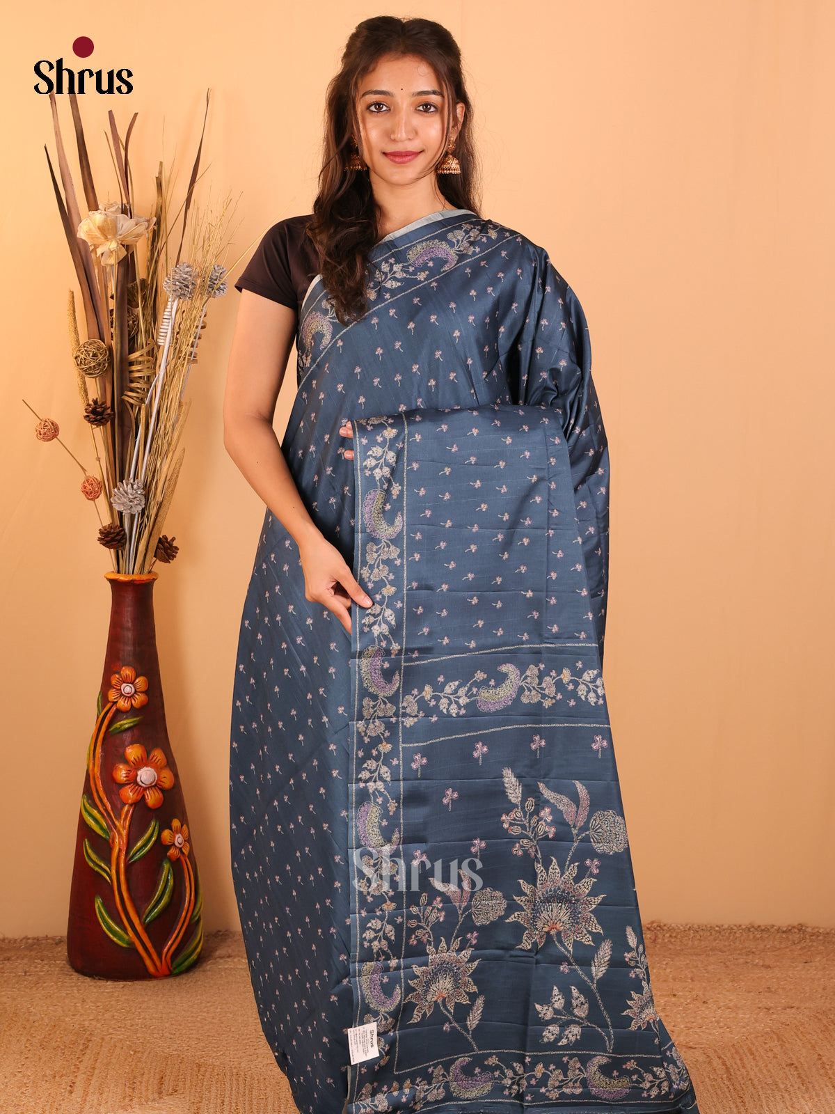 light navy blue - Printed Tussar saree - CKS25071 - Shop on Shrus.com