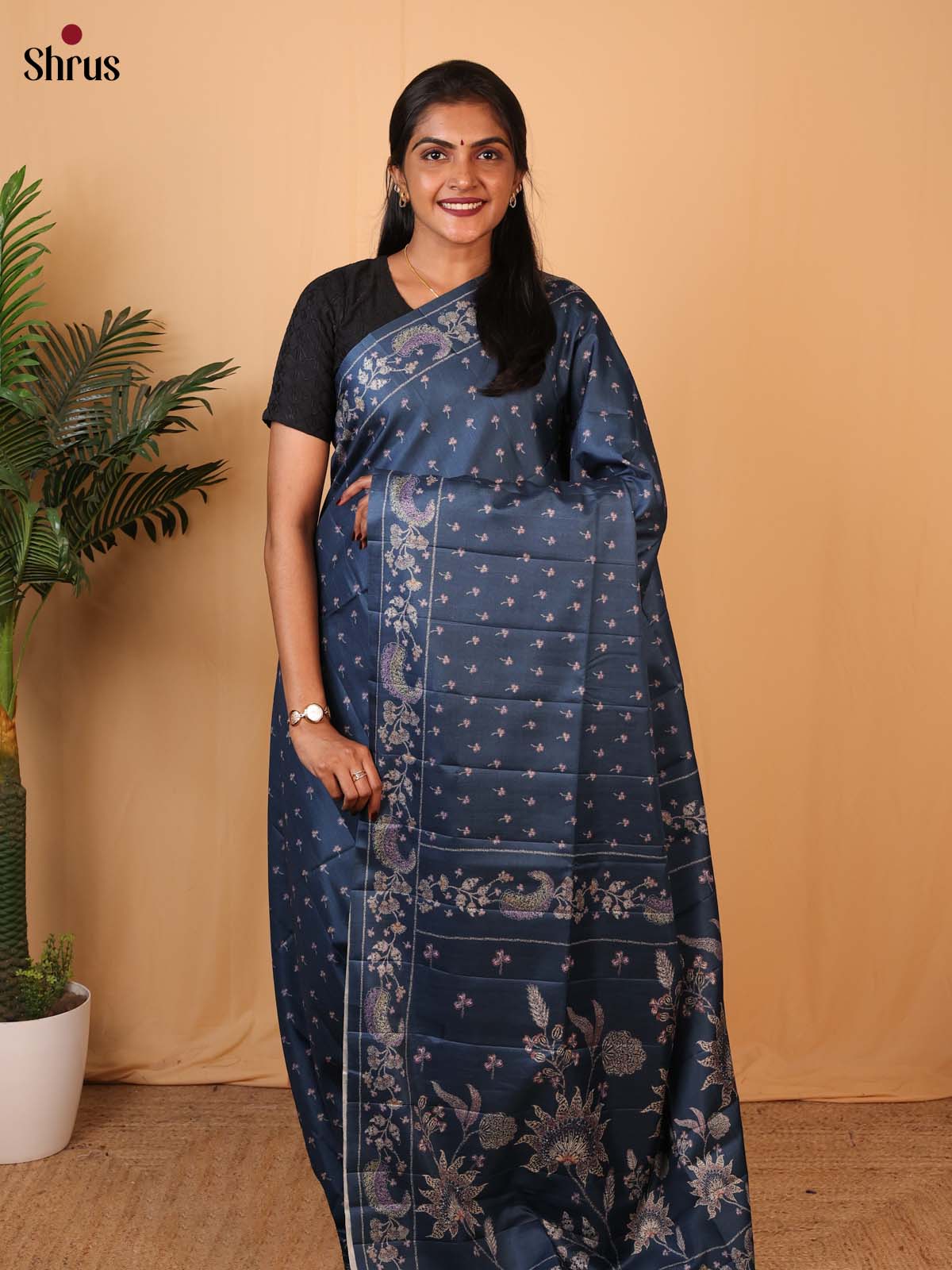 Black - Printed Tussar Saree