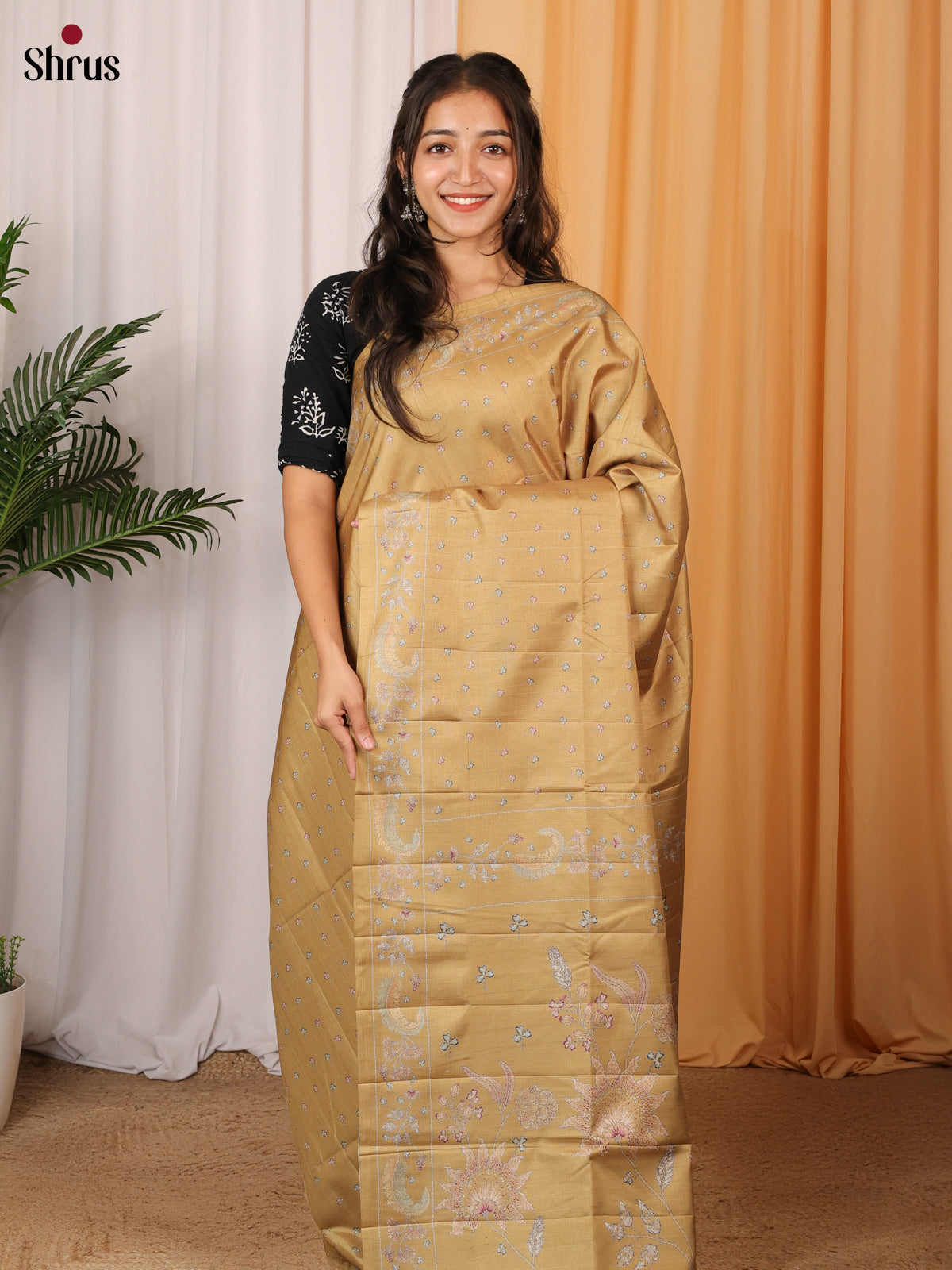 Beige - Printed Tussar Saree