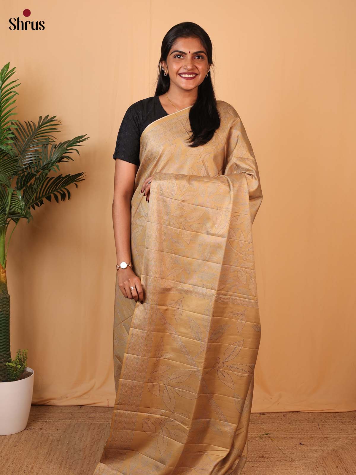 Mustard - Printed Tussar Saree