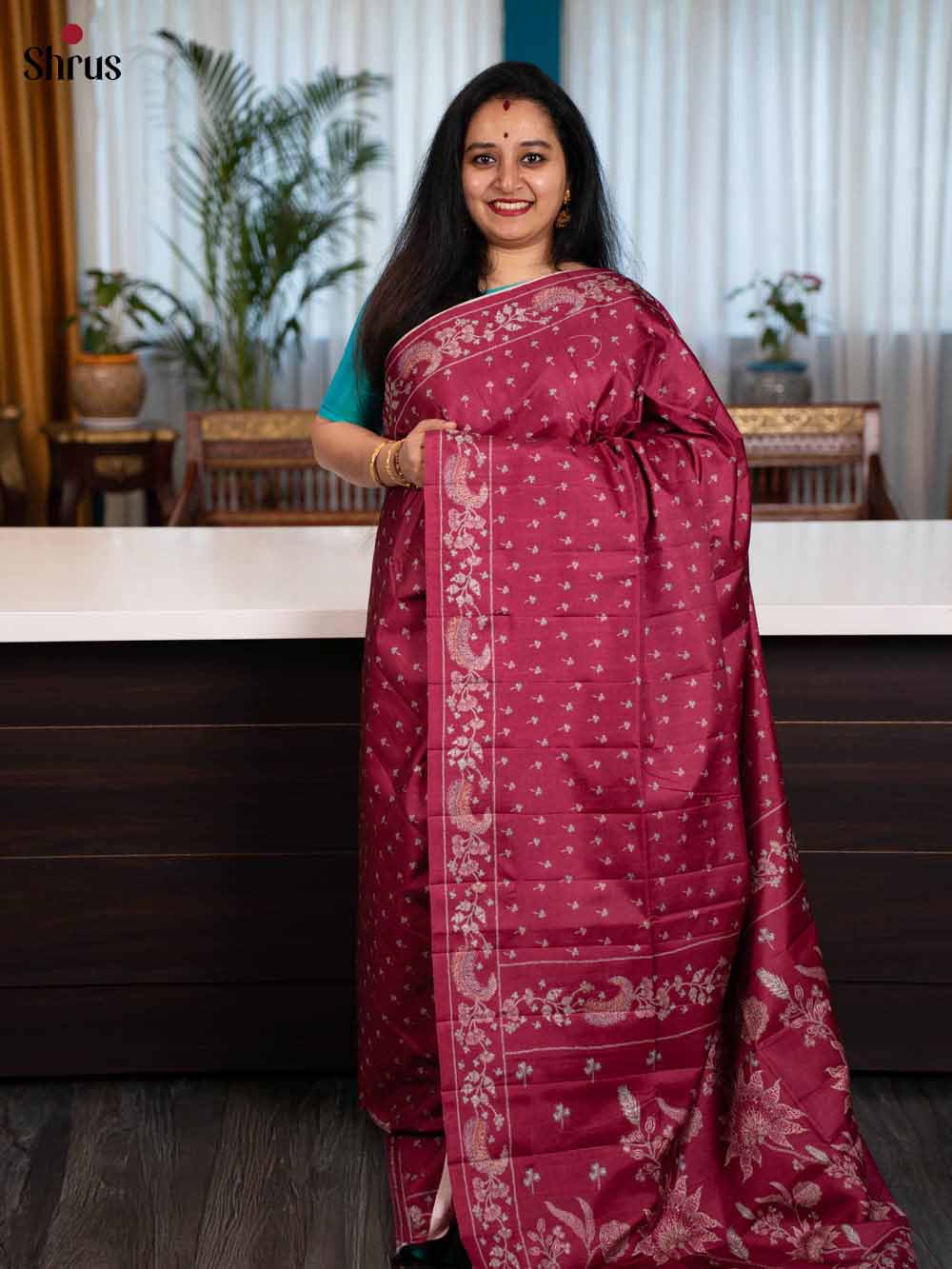 Maroon - Printed Tussar Saree - Shop on Shrus.com