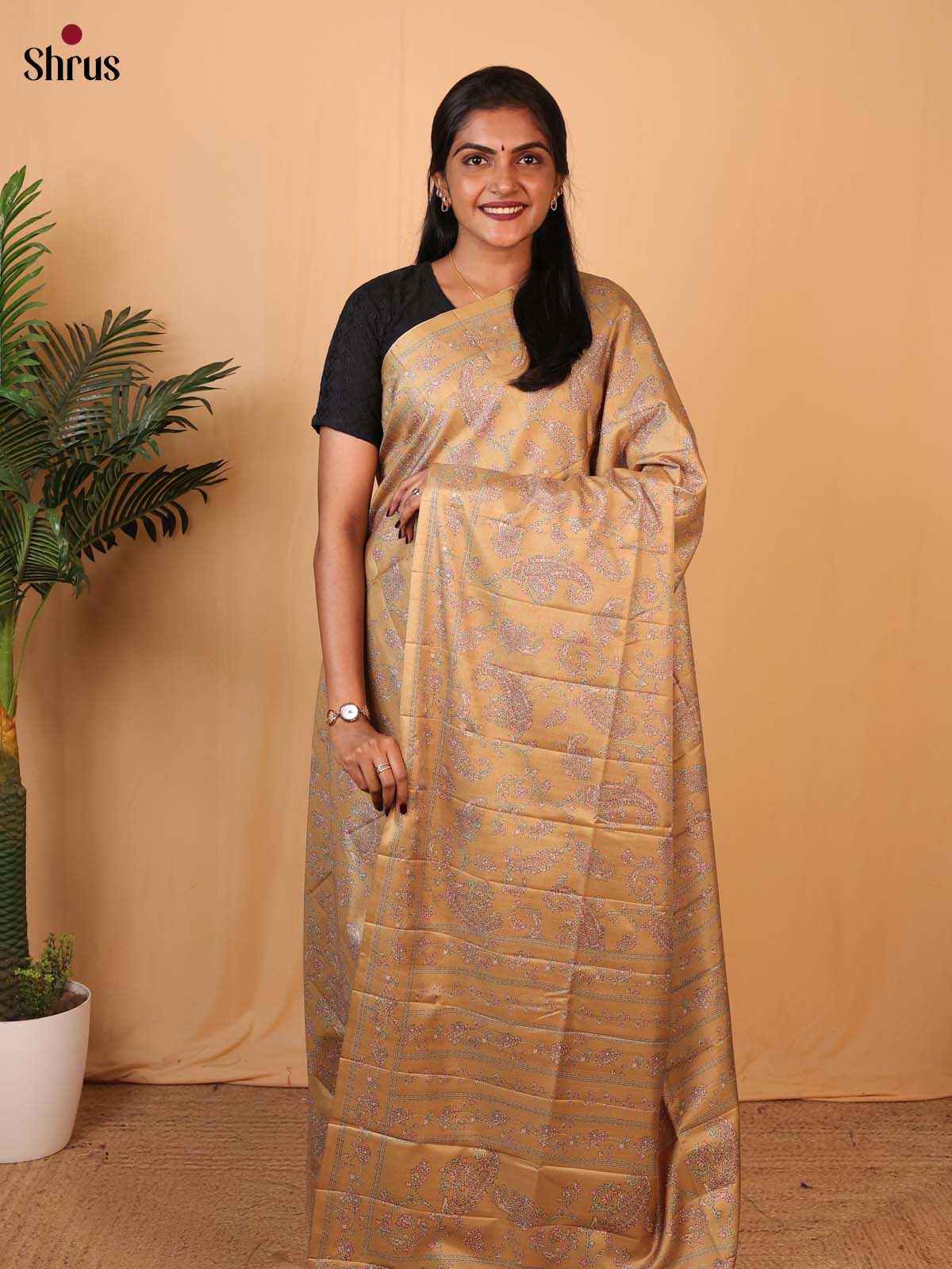 Beige - Printed Tussar Saree