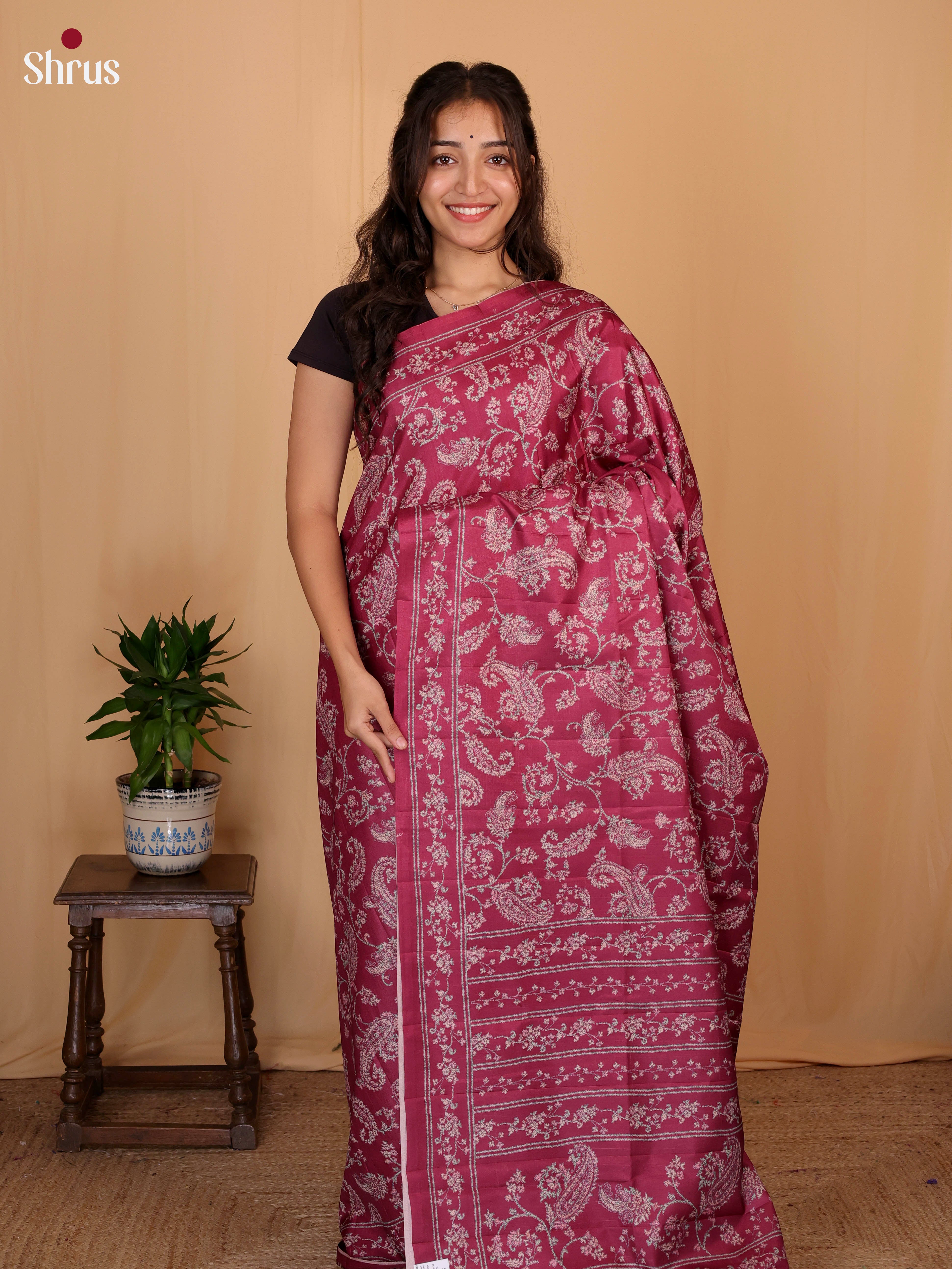 Maroon - Printed Tussar Saree - Shop on Shrus.com