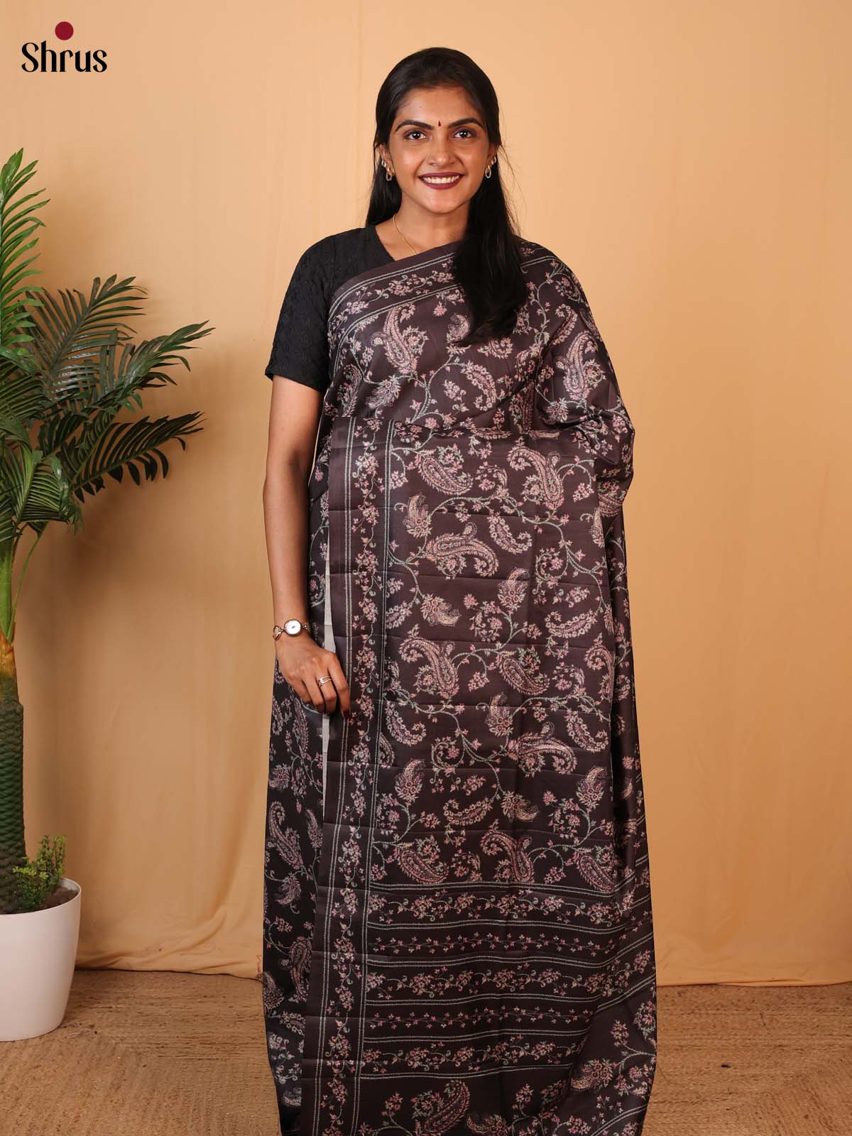 Brown - Printed Tussar Saree