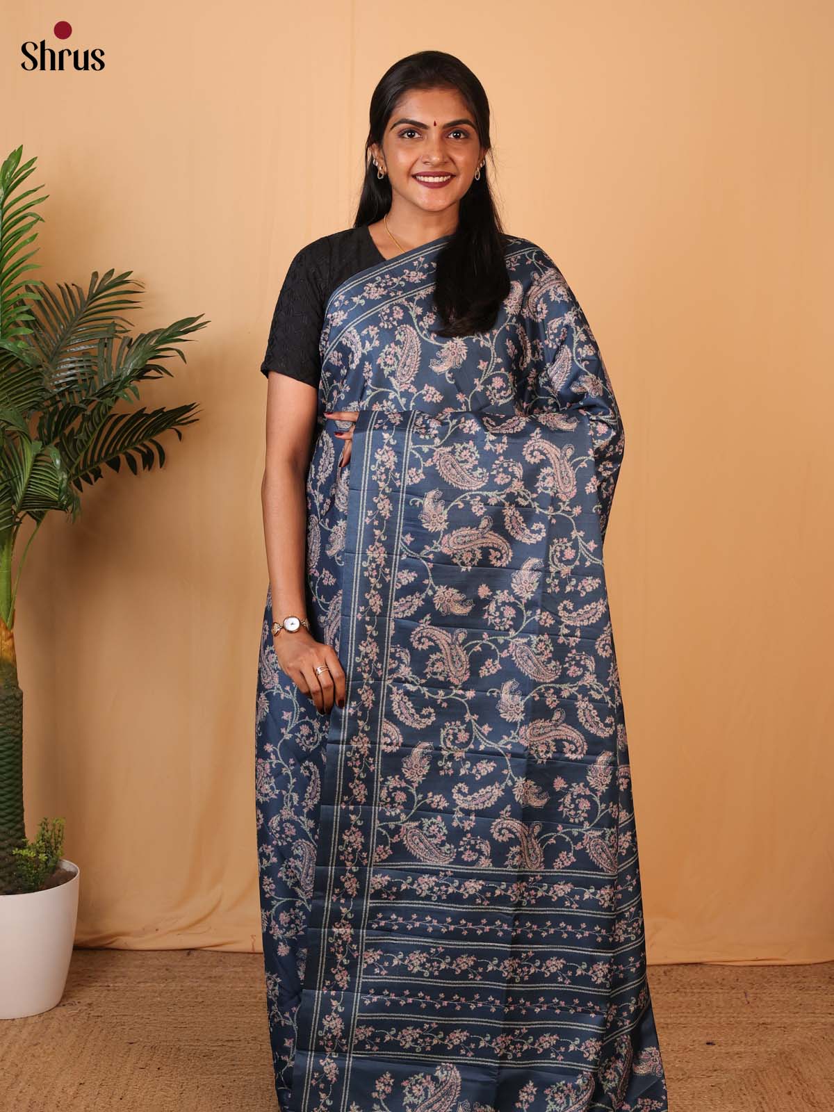 Blue - Printed Tussar Saree