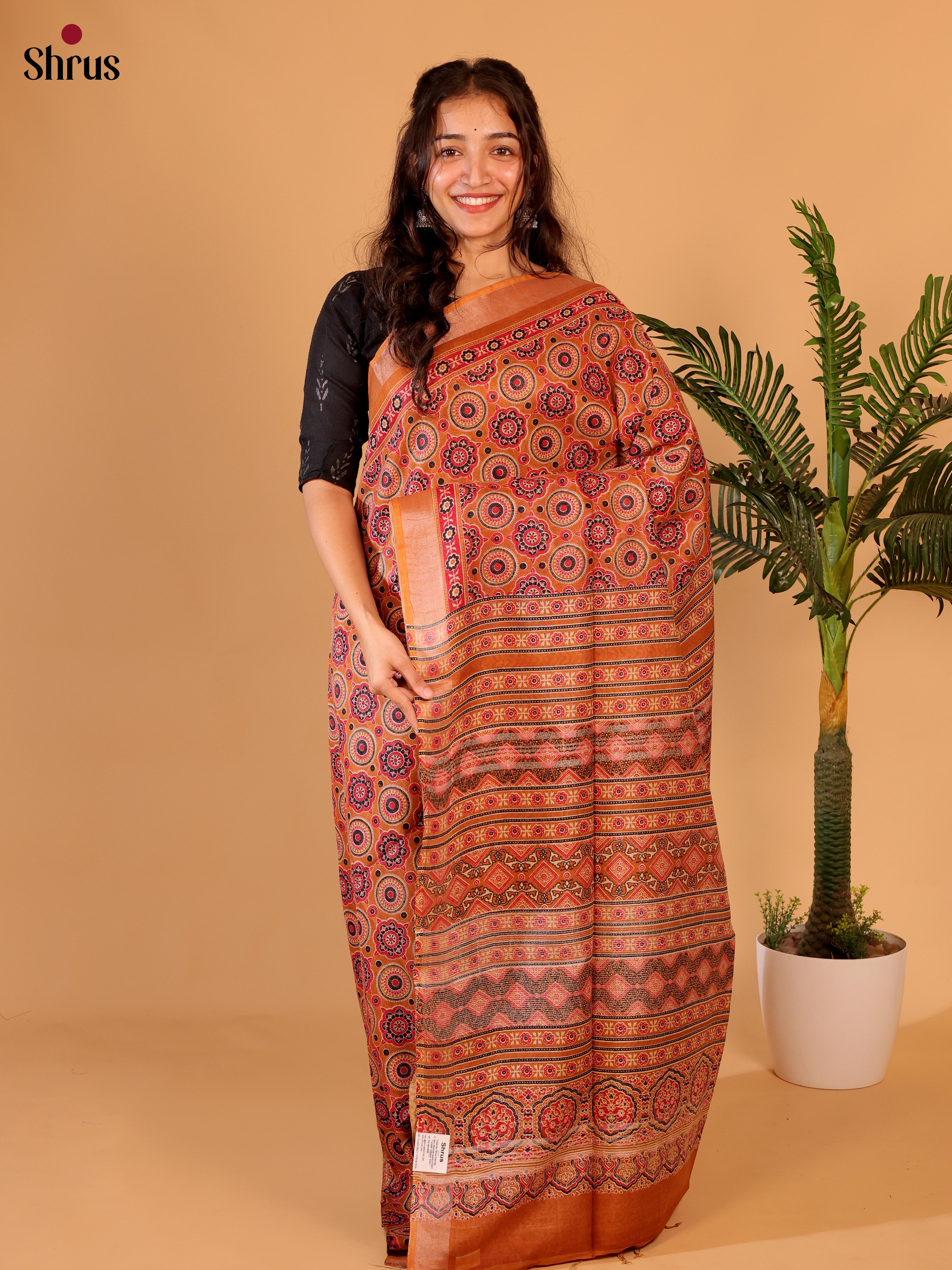 Orange & Beige- Linen Cotton Saree