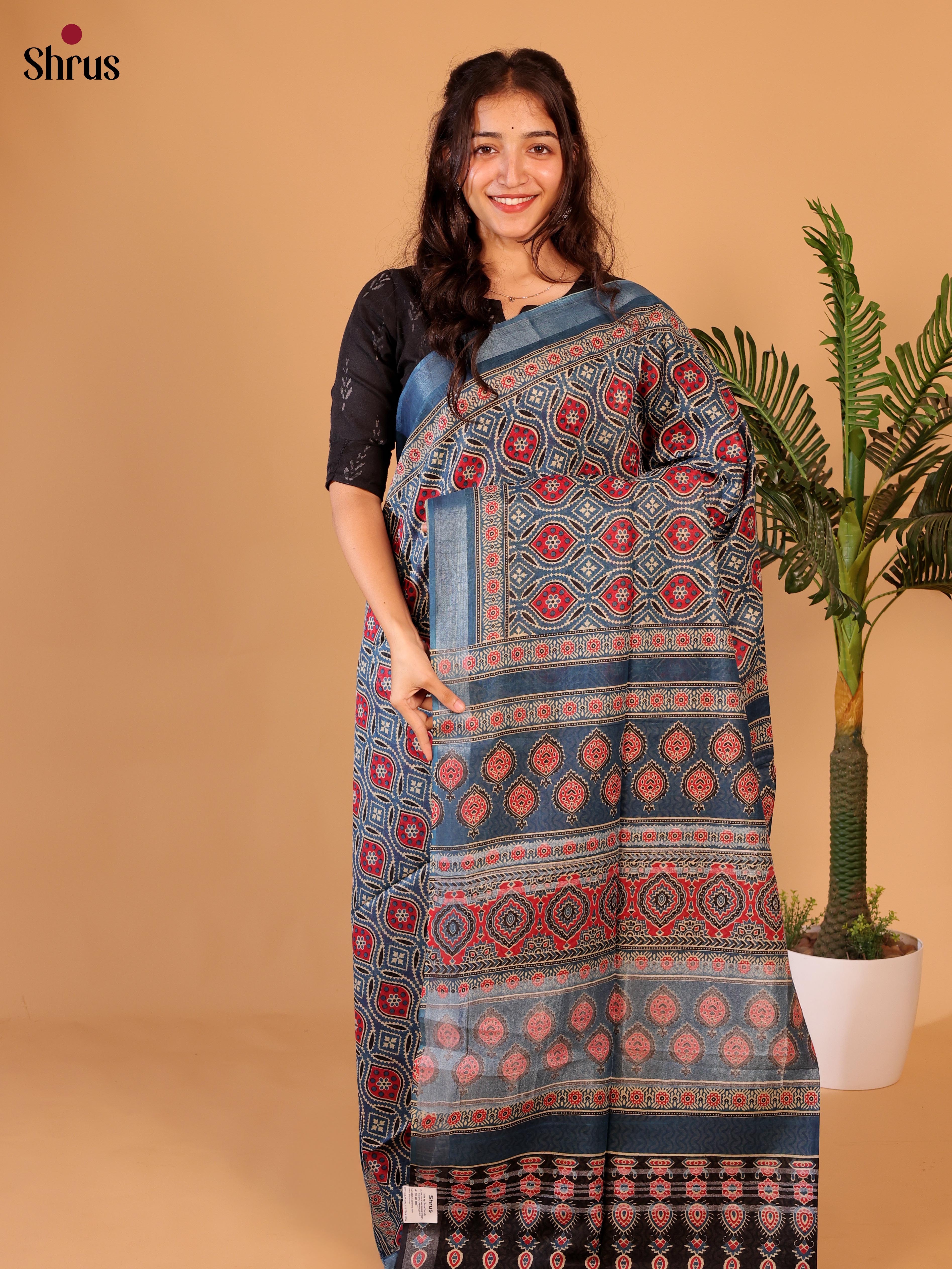 Blue & Red  - Linen Cotton Saree