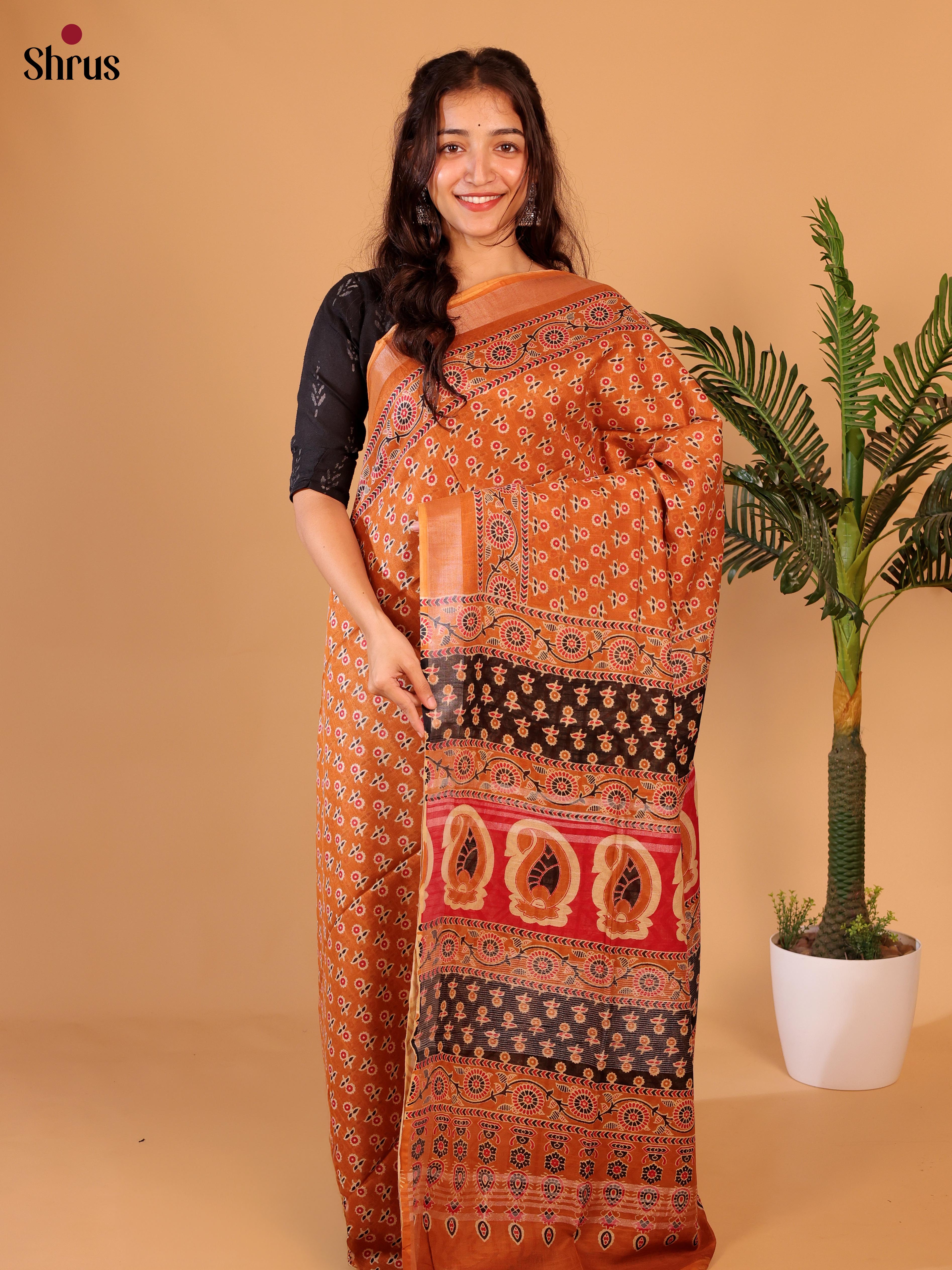 Orange & Beige - Linen Cotton Saree