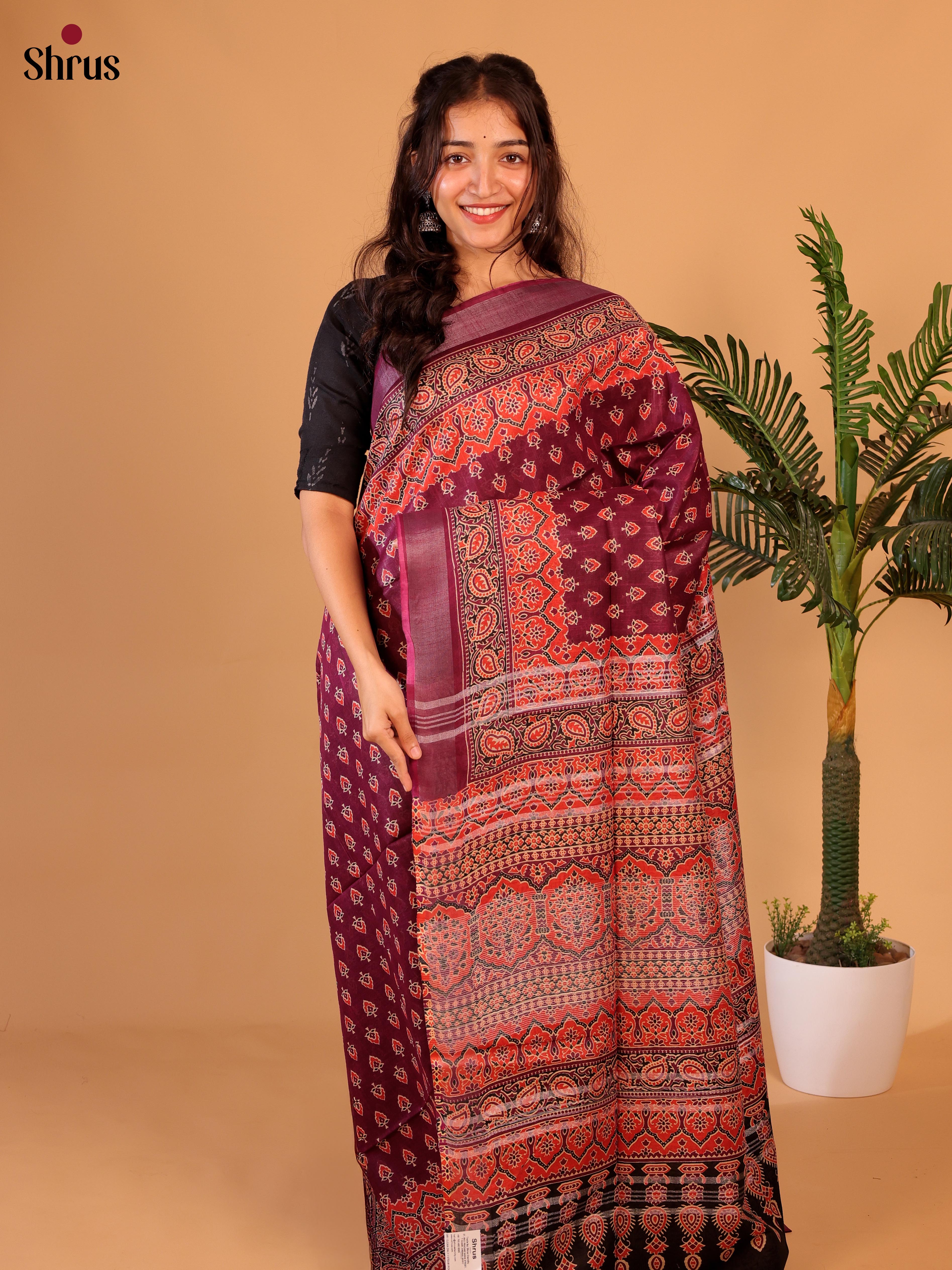 Purple & Beige - Linen Cotton Saree