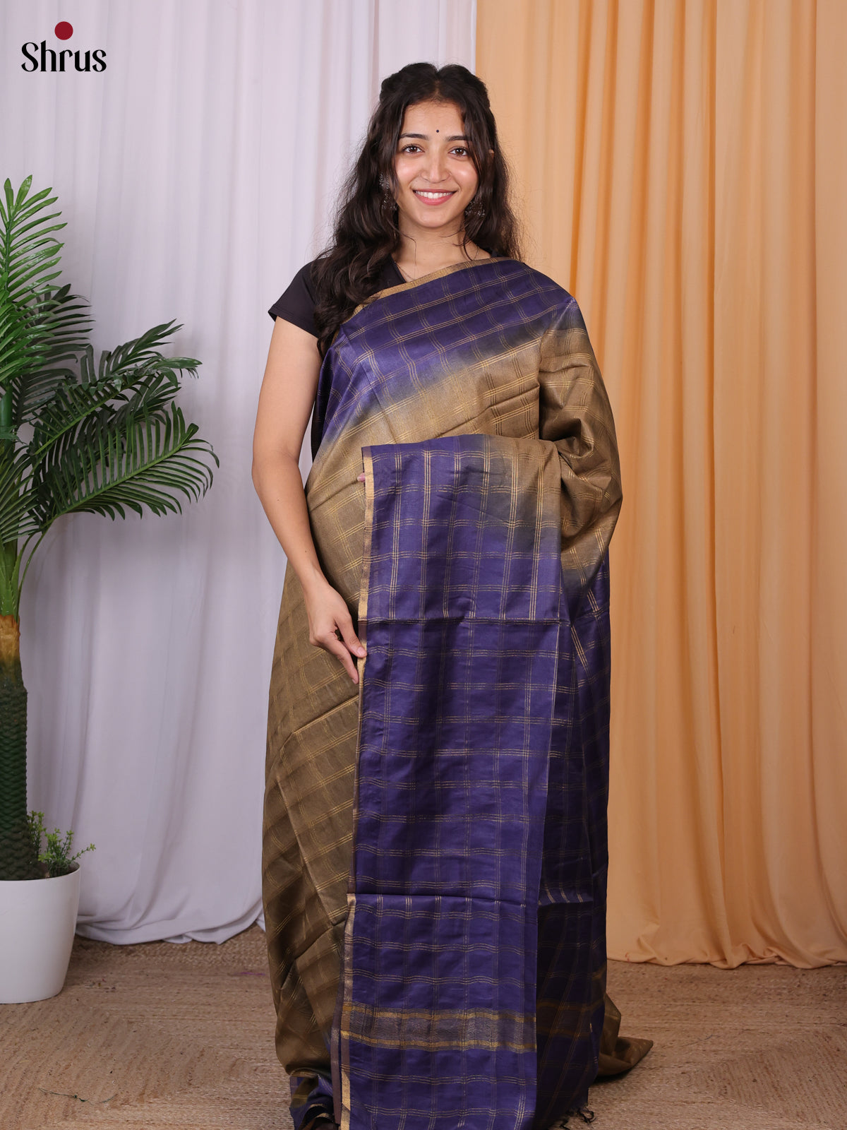 Brown & Violet - Semi Tussar Saree