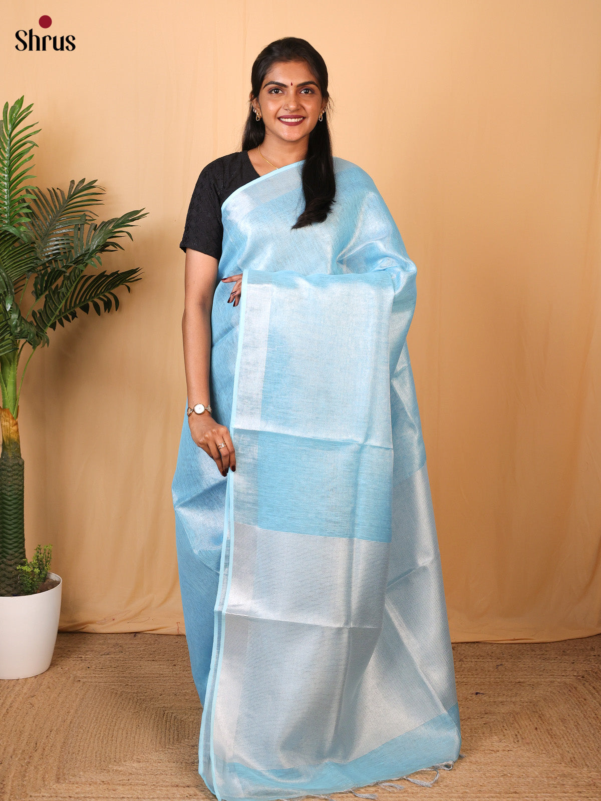 Blue & Silver - Linen Saree