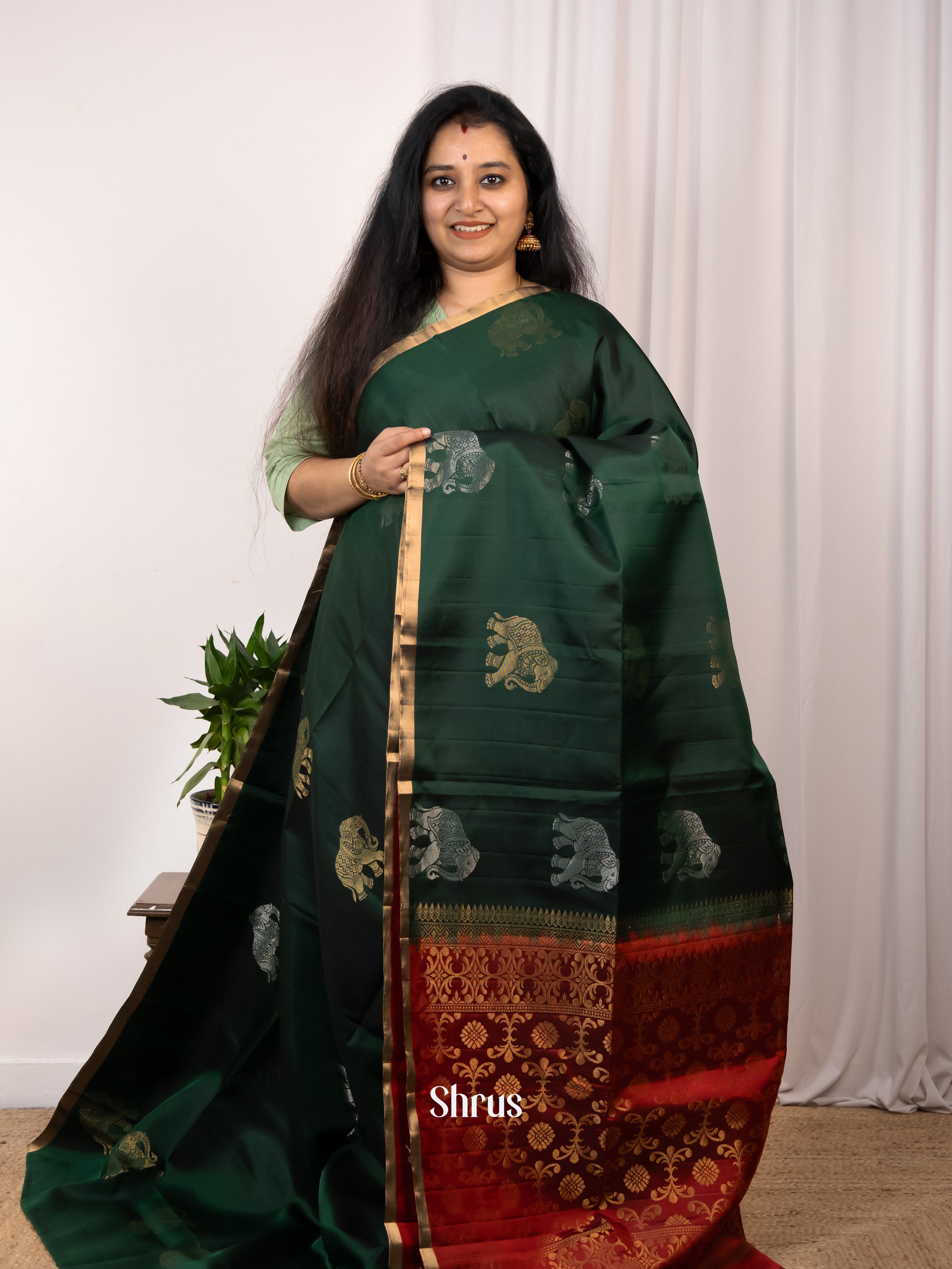 Dark Green & Maroon - Soft Silk Saree