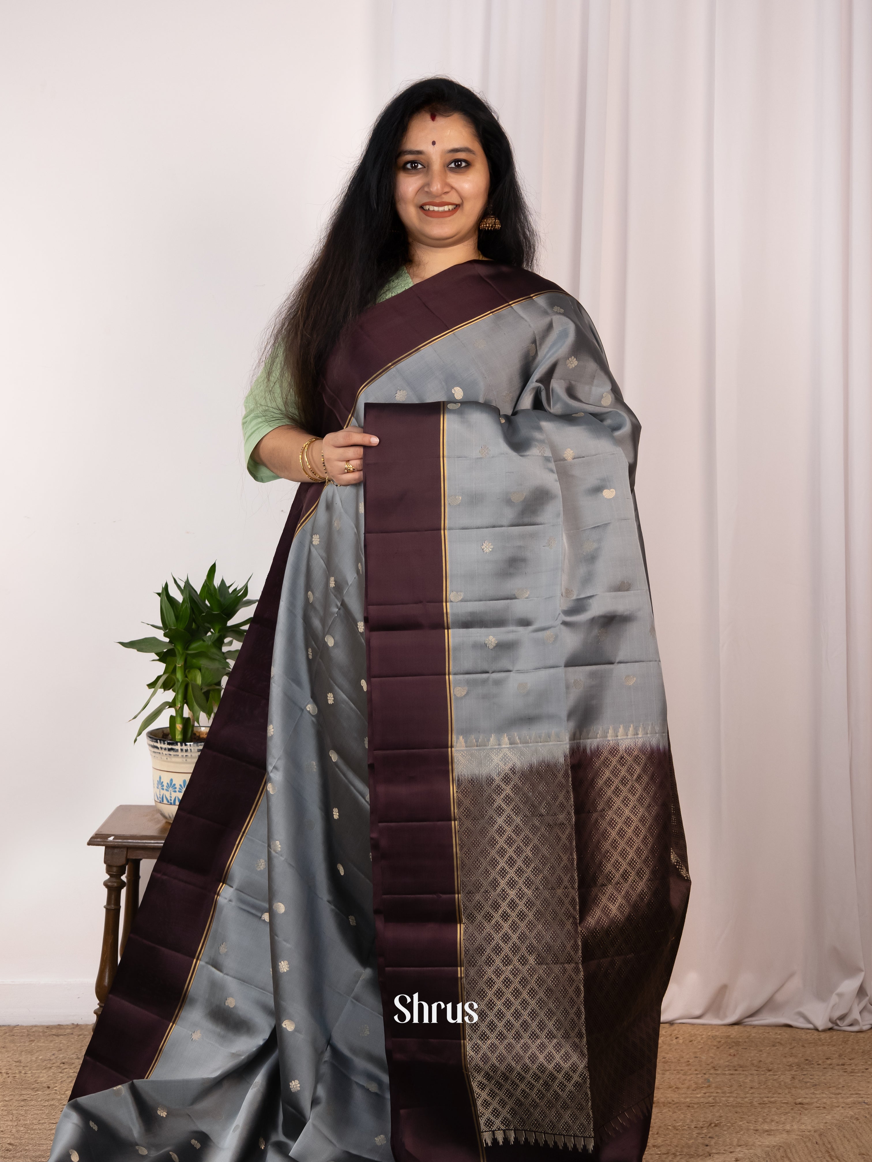 Grey & Brown - Soft Silk Saree