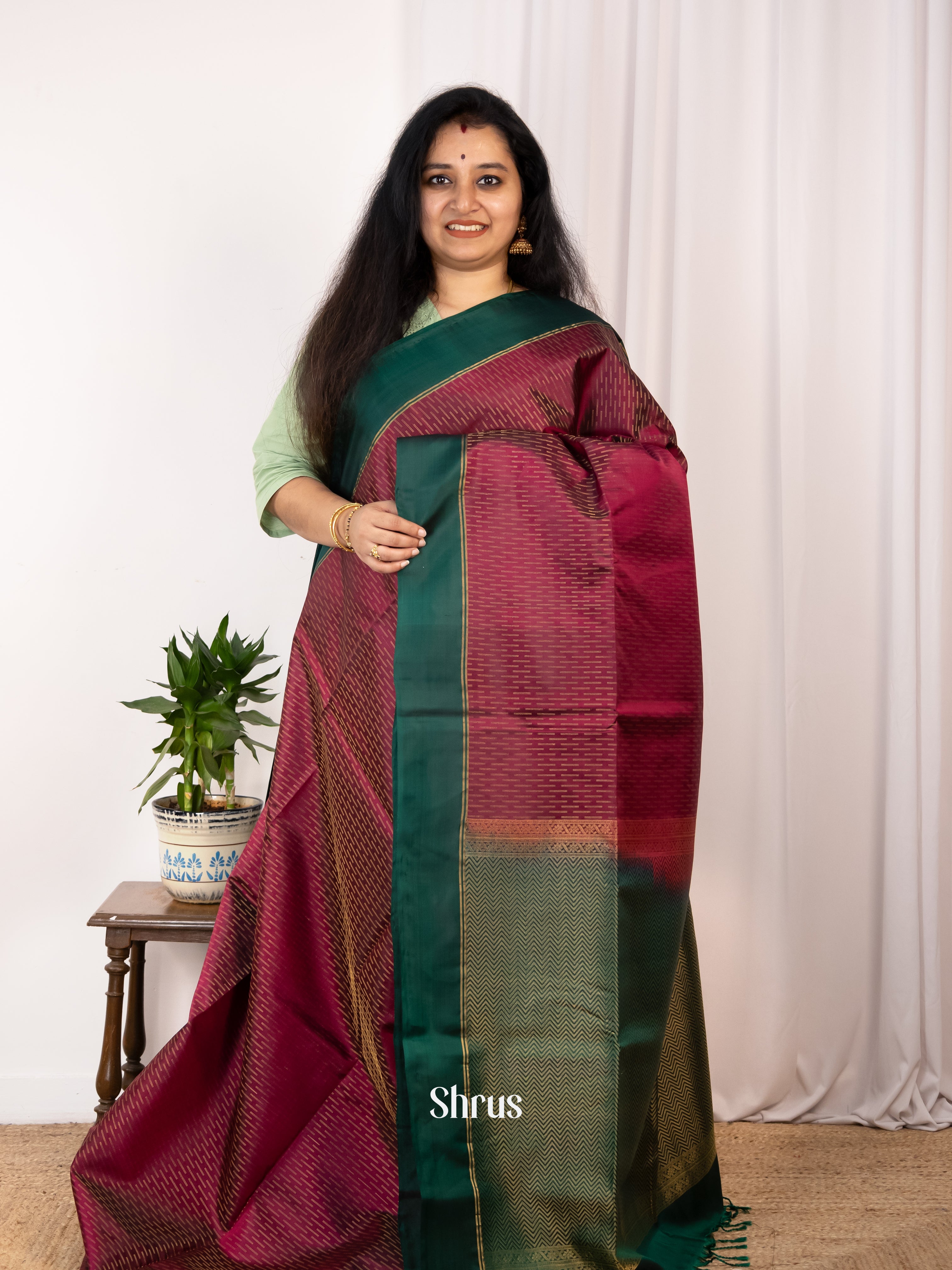 Maroon & Green - Soft silk Saree