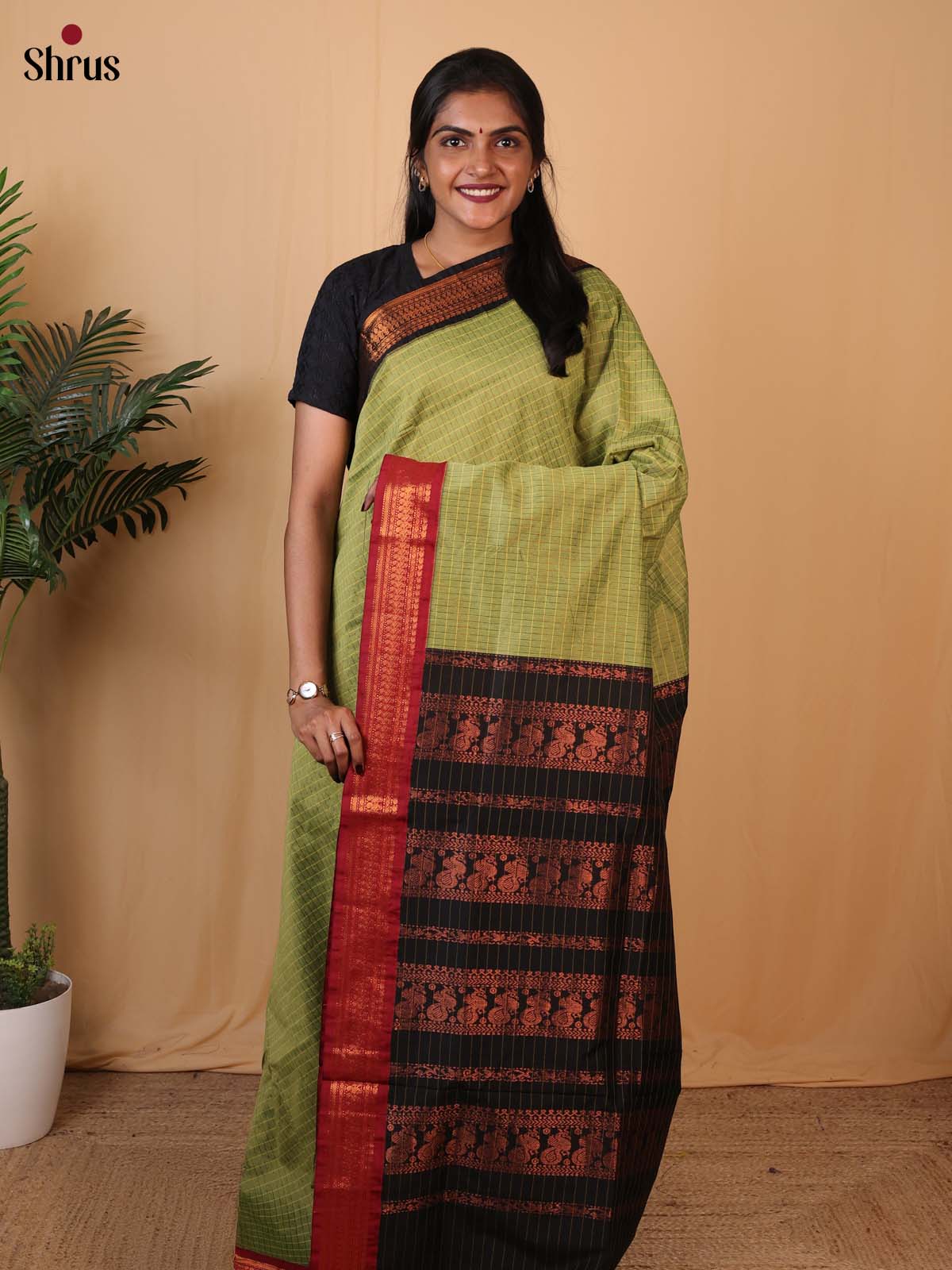 Lite Green & Black- Kalyani Cotton Saree