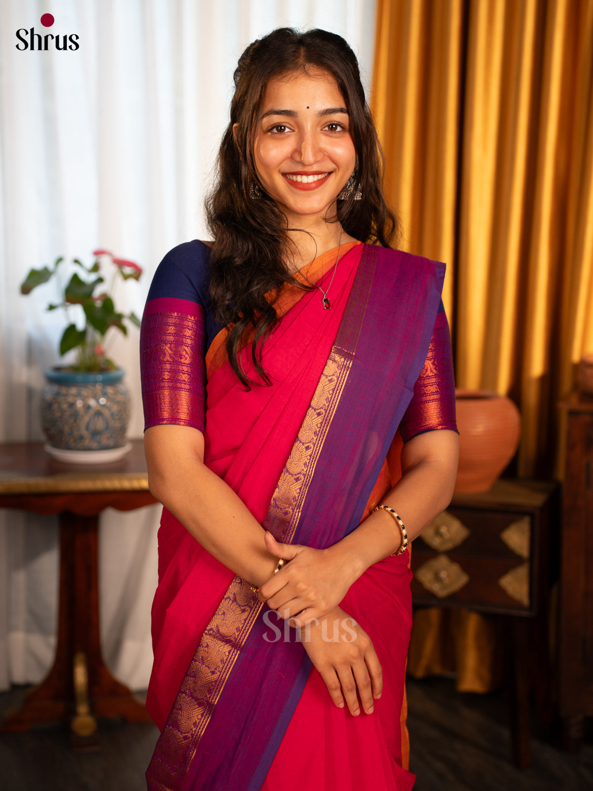 Reddish Pink & Blue - Chettinad Cotton Saree