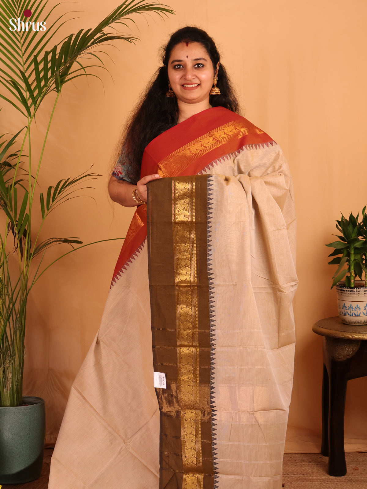 Cream & Brown - Chettinad Cotton Saree