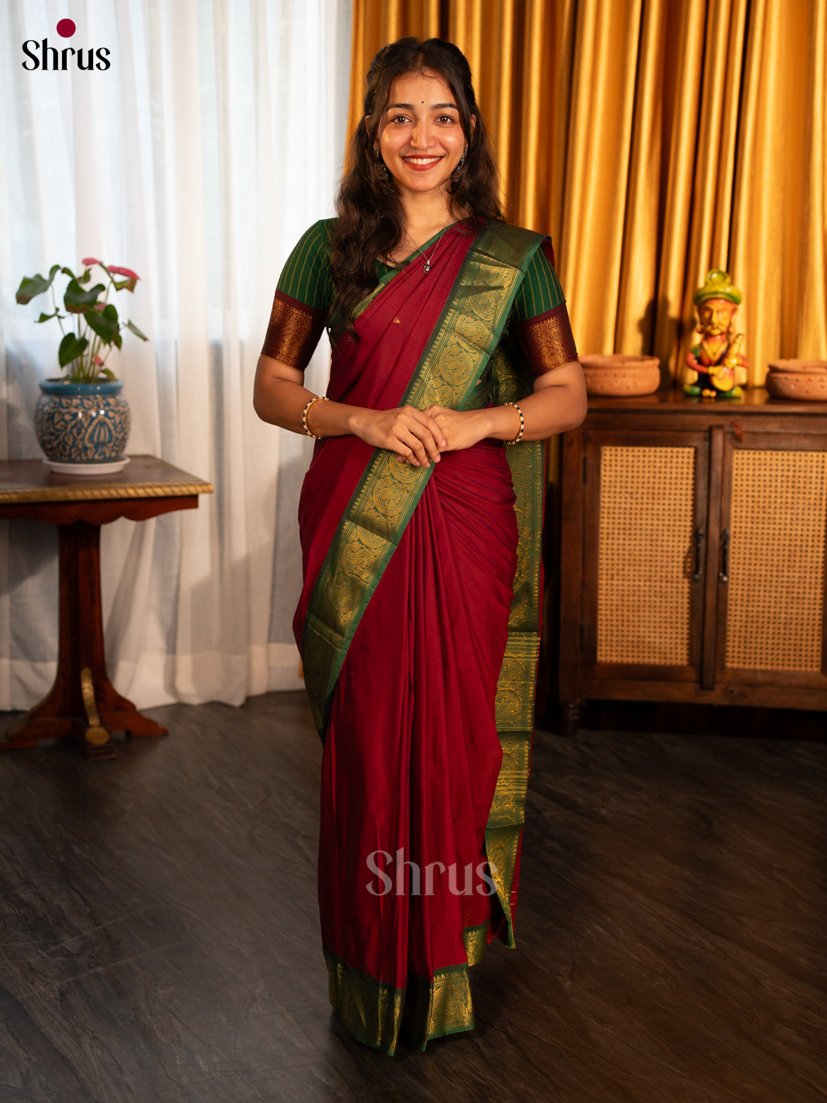 Maroon & Green - Chettinad Cotton Saree