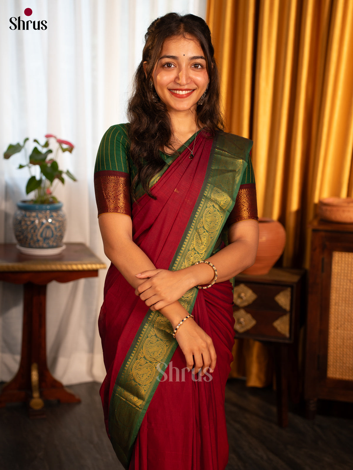 Maroon & Green - Chettinad Cotton Saree