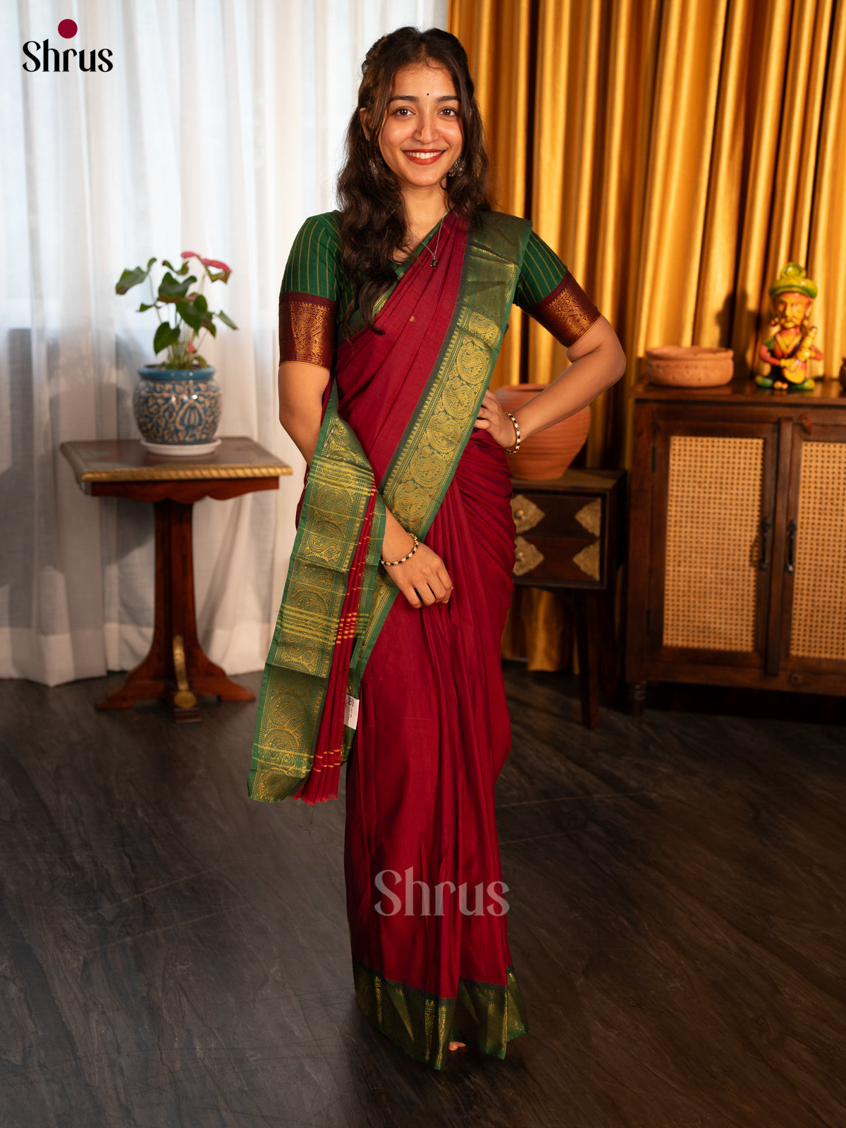 Maroon & Green - Chettinad Cotton Saree