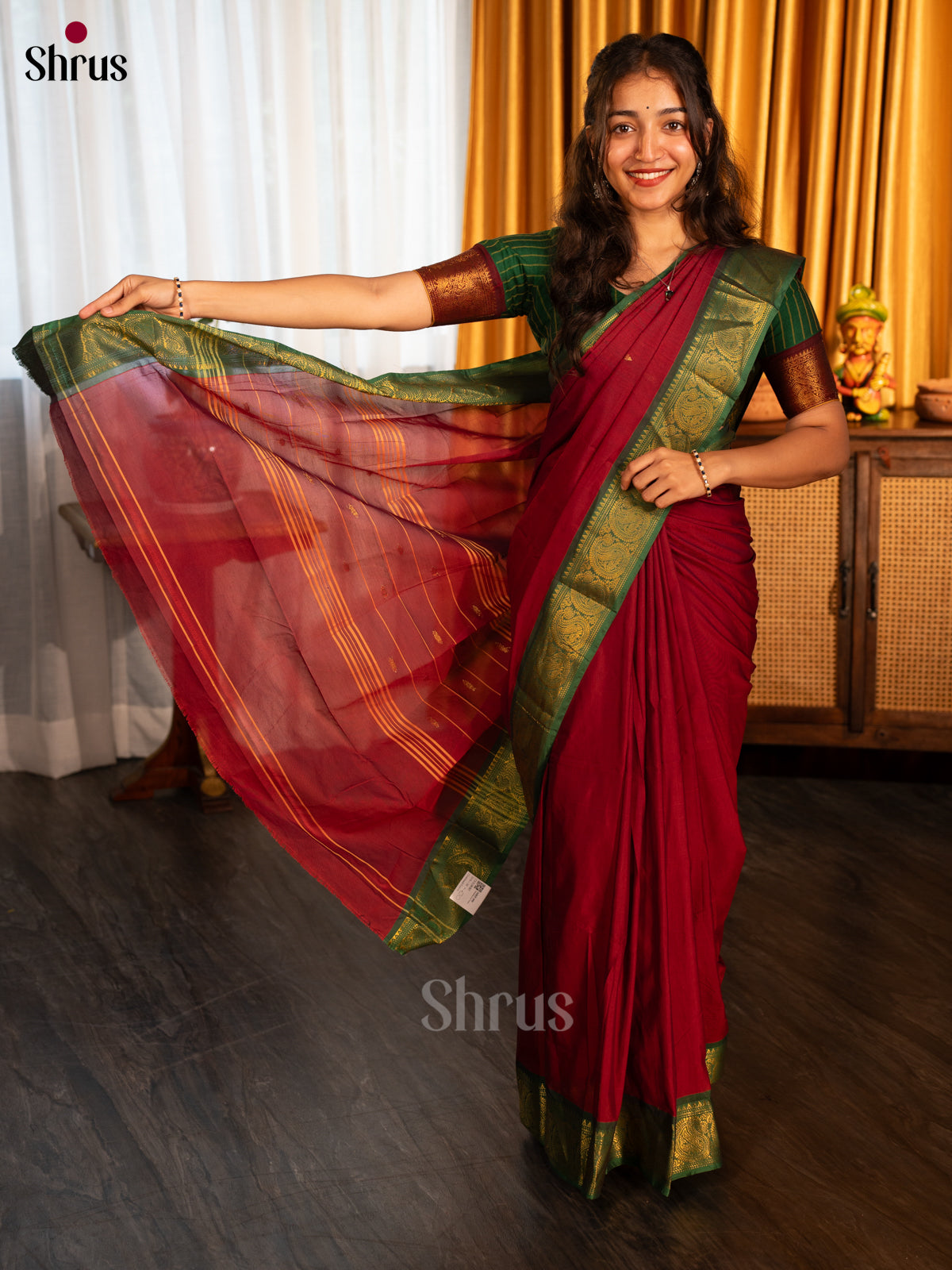 Maroon & Green - Chettinad Cotton Saree