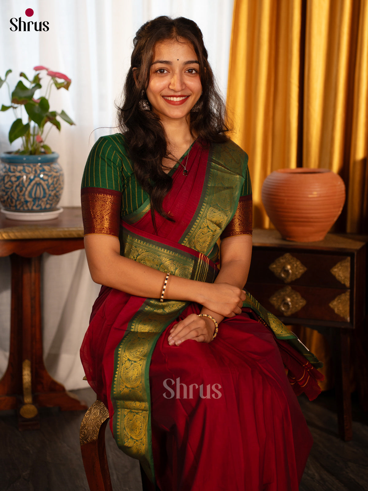 Maroon & Green - Chettinad Cotton Saree