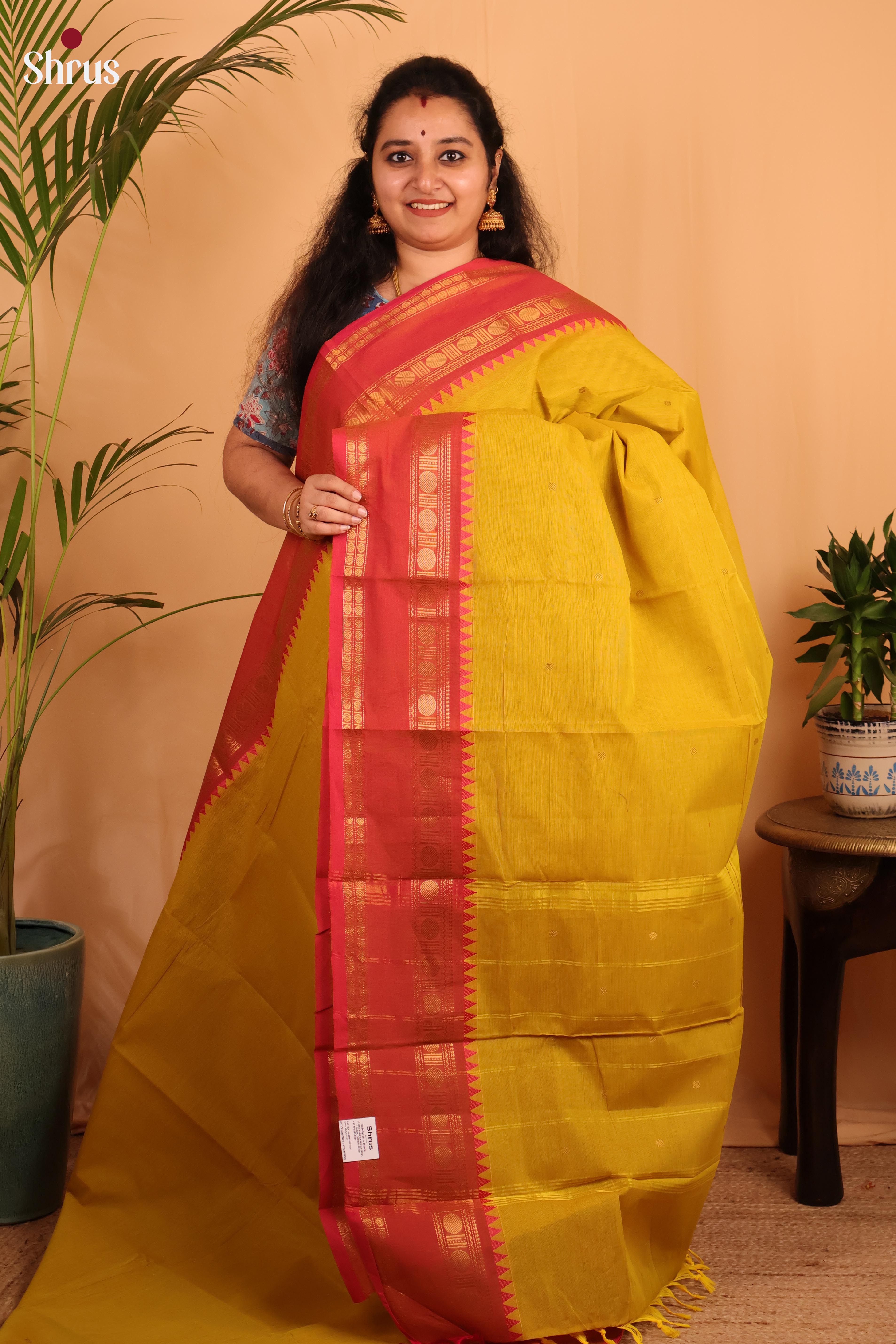 Mustardy Green & Pink - Chettinad Cotton