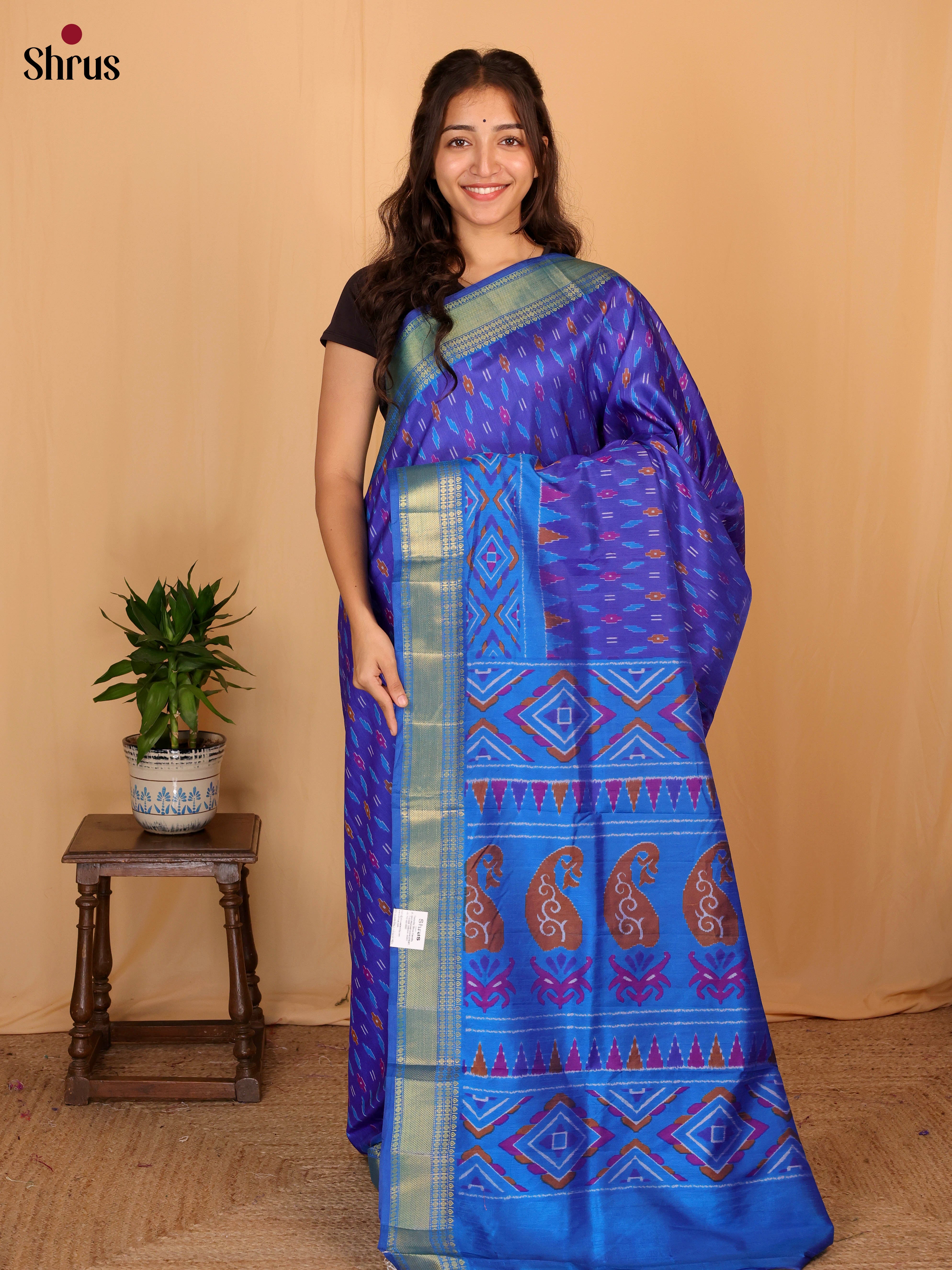 Blue & Teal  - Semi Patola Saree - Shop on Shrus.com